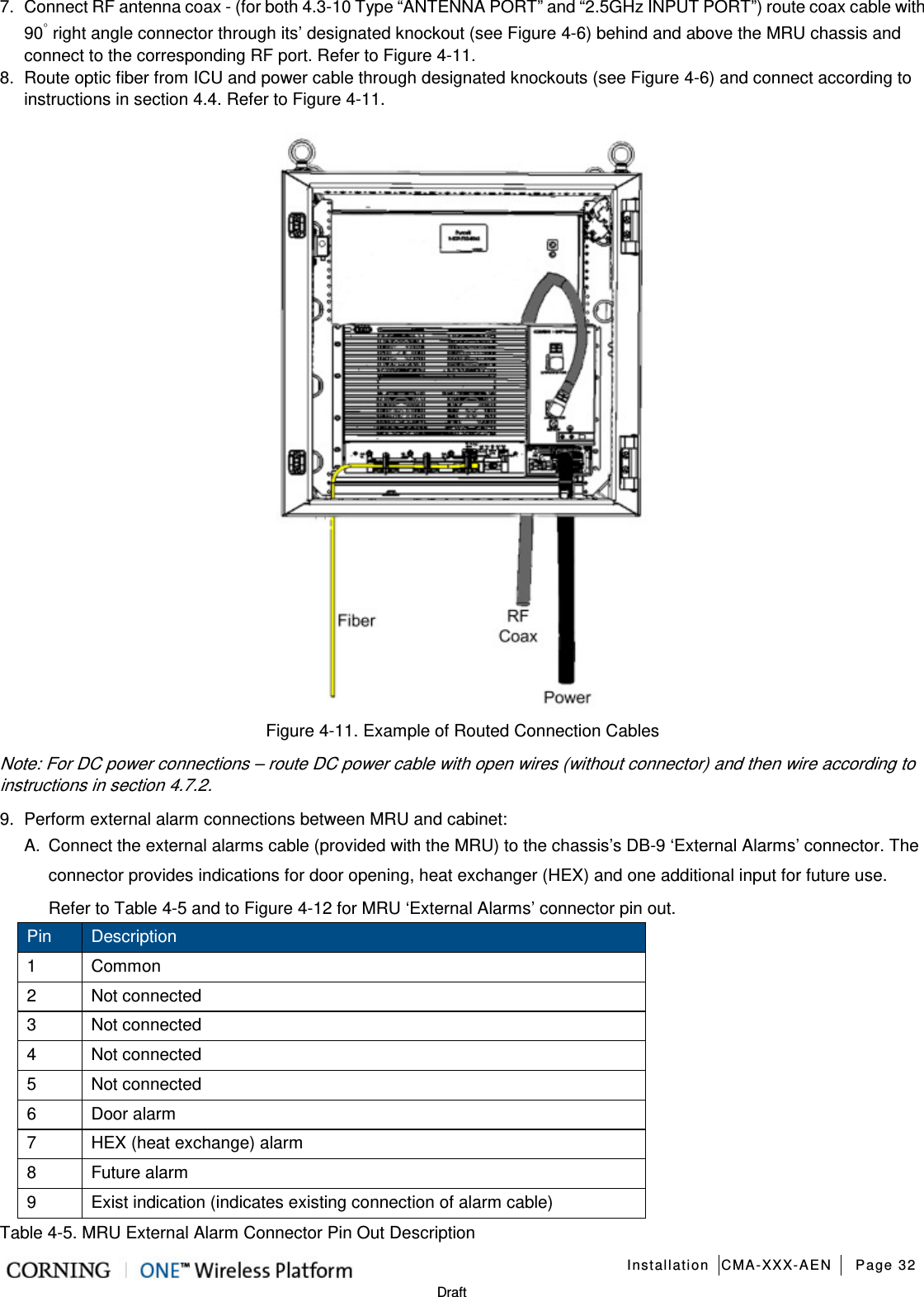   Installation CMA-XXX-AEN Page 32   Draft 7.  Connect RF antenna coax - (for both 4.3-10 Type “ANTENNA PORT” and “2.5GHz INPUT PORT”) route coax cable with 90◦ right angle connector through its’ designated knockout (see Figure  4-6) behind and above the MRU chassis and connect to the corresponding RF port. Refer to Figure  4-11. 8.  Route optic fiber from ICU and power cable through designated knockouts (see Figure  4-6) and connect according to instructions in section  4.4. Refer to Figure  4-11.  Figure  4-11. Example of Routed Connection Cables   Note: For DC power connections – route DC power cable with open wires (without connector) and then wire according to instructions in section  4.7.2. 9.  Perform external alarm connections between MRU and cabinet: A.  Connect the external alarms cable (provided with the MRU) to the chassis’s DB-9 ‘External Alarms’ connector. The connector provides indications for door opening, heat exchanger (HEX) and one additional input for future use. Refer to Table  4-5 and to Figure  4-12 for MRU ‘External Alarms’ connector pin out. Pin Description 1  Common 2  Not connected 3  Not connected 4  Not connected 5  Not connected 6  Door alarm 7  HEX (heat exchange) alarm 8  Future alarm 9  Exist indication (indicates existing connection of alarm cable) Table  4-5. MRU External Alarm Connector Pin Out Description 