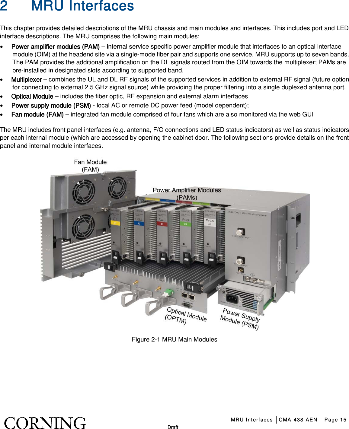   MRU Interfaces CMA-438-AEN Page 15   Draft 2 MRU Interfaces This chapter provides detailed descriptions of the MRU chassis and main modules and interfaces. This includes port and LED interface descriptions. The MRU comprises the following main modules: • Power amplifier modules (PAM) – internal service specific power amplifier module that interfaces to an optical interface module (OIM) at the headend site via a single-mode fiber pair and supports one service. MRU supports up to seven bands. The PAM provides the additional amplification on the DL signals routed from the OIM towards the multiplexer; PAMs are pre-installed in designated slots according to supported band. • Multiplexer – combines the UL and DL RF signals of the supported services in addition to external RF signal (future option for connecting to external 2.5 GHz signal source) while providing the proper filtering into a single duplexed antenna port. • Optical Module – includes the fiber optic, RF expansion and external alarm interfaces • Power supply module (PSM) - local AC or remote DC power feed (model dependent); • Fan module (FAM) – integrated fan module comprised of four fans which are also monitored via the web GUI The MRU includes front panel interfaces (e.g. antenna, F/O connections and LED status indicators) as well as status indicators per each internal module (which are accessed by opening the cabinet door. The following sections provide details on the front panel and internal module interfaces.  Figure  2-1 MRU Main Modules     