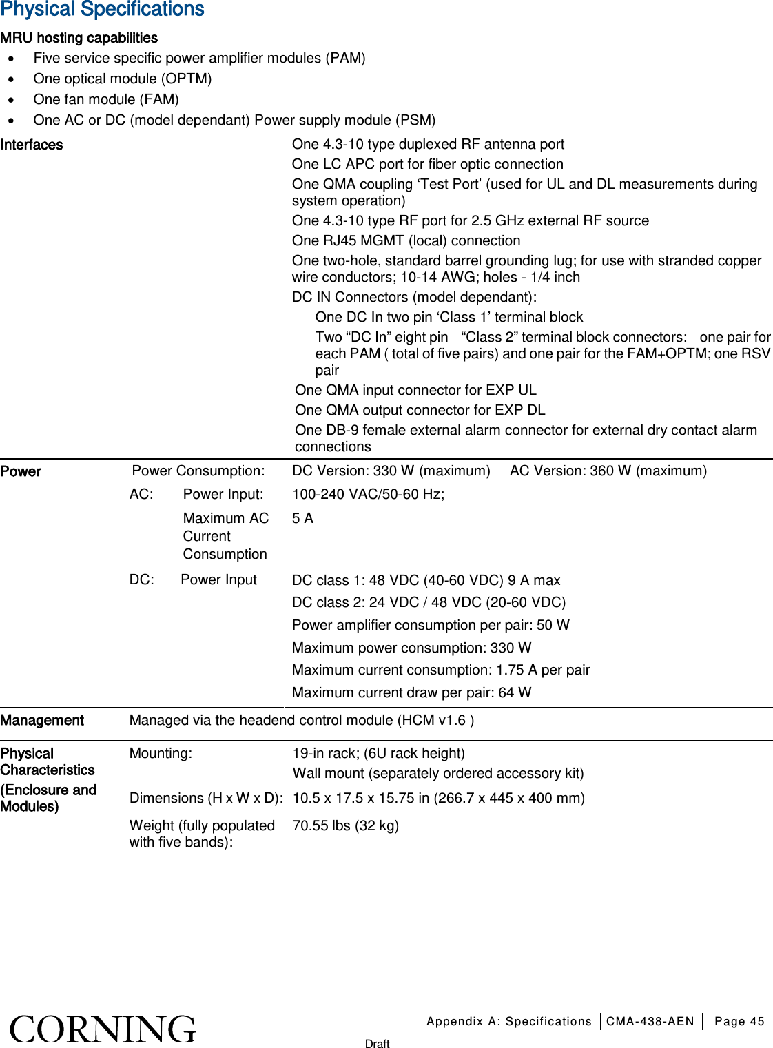   Appendix A: Specifications CMA-438-AEN Page 45   Draft  Physical Specifications MRU hosting capabilities • Five service specific power amplifier modules (PAM)   • One optical module (OPTM)   • One fan module (FAM) • One AC or DC (model dependant) Power supply module (PSM) Interfaces One 4.3-10 type duplexed RF antenna port One LC APC port for fiber optic connection One QMA coupling ‘Test Port’ (used for UL and DL measurements during system operation) One 4.3-10 type RF port for 2.5 GHz external RF source One RJ45 MGMT (local) connection One two-hole, standard barrel grounding lug; for use with stranded copper wire conductors; 10-14 AWG; holes - 1/4 inch DC IN Connectors (model dependant):   One DC In two pin ‘Class 1’ terminal block Two “DC In” eight pin    “Class 2” terminal block connectors:    one pair for each PAM ( total of five pairs) and one pair for the FAM+OPTM; one RSV pair One QMA input connector for EXP UL One QMA output connector for EXP DL One DB-9 female external alarm connector for external dry contact alarm connections Power   Power Consumption:  DC Version: 330 W (maximum)      AC Version: 360 W (maximum) AC: Power Input: 100-240 VAC/50-60 Hz;  Maximum AC Current Consumption 5 A DC:  Power Input DC class 1: 48 VDC (40-60 VDC) 9 A max DC class 2: 24 VDC / 48 VDC (20-60 VDC) Power amplifier consumption per pair: 50 W Maximum power consumption: 330 W   Maximum current consumption: 1.75 A per pair Maximum current draw per pair: 64 W Management Managed via the headend control module (HCM v1.6 ) Physical Characteristics (Enclosure and Modules) Mounting:   19-in rack; (6U rack height) Wall mount (separately ordered accessory kit) Dimensions (H x W x D): 10.5 x 17.5 x 15.75 in (266.7 x 445 x 400 mm)   Weight (fully populated with five bands):   70.55 lbs (32 kg)       