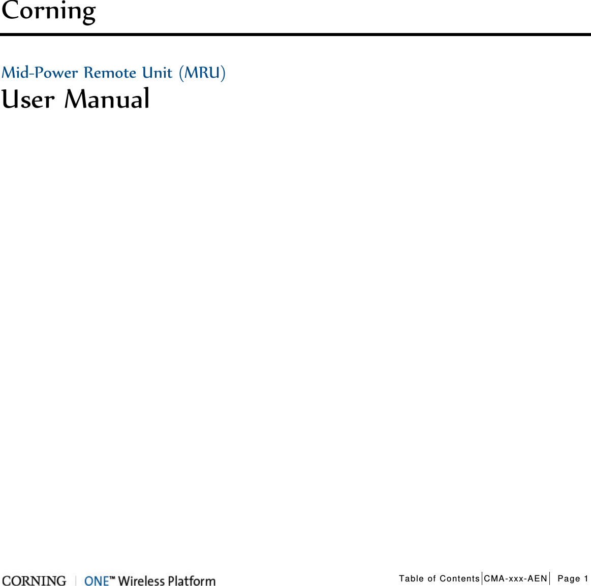  Table of Contents CMA-xxx-AEN Page 1    Corning  Mid-Power Remote Unit (MRU) User Manual                           