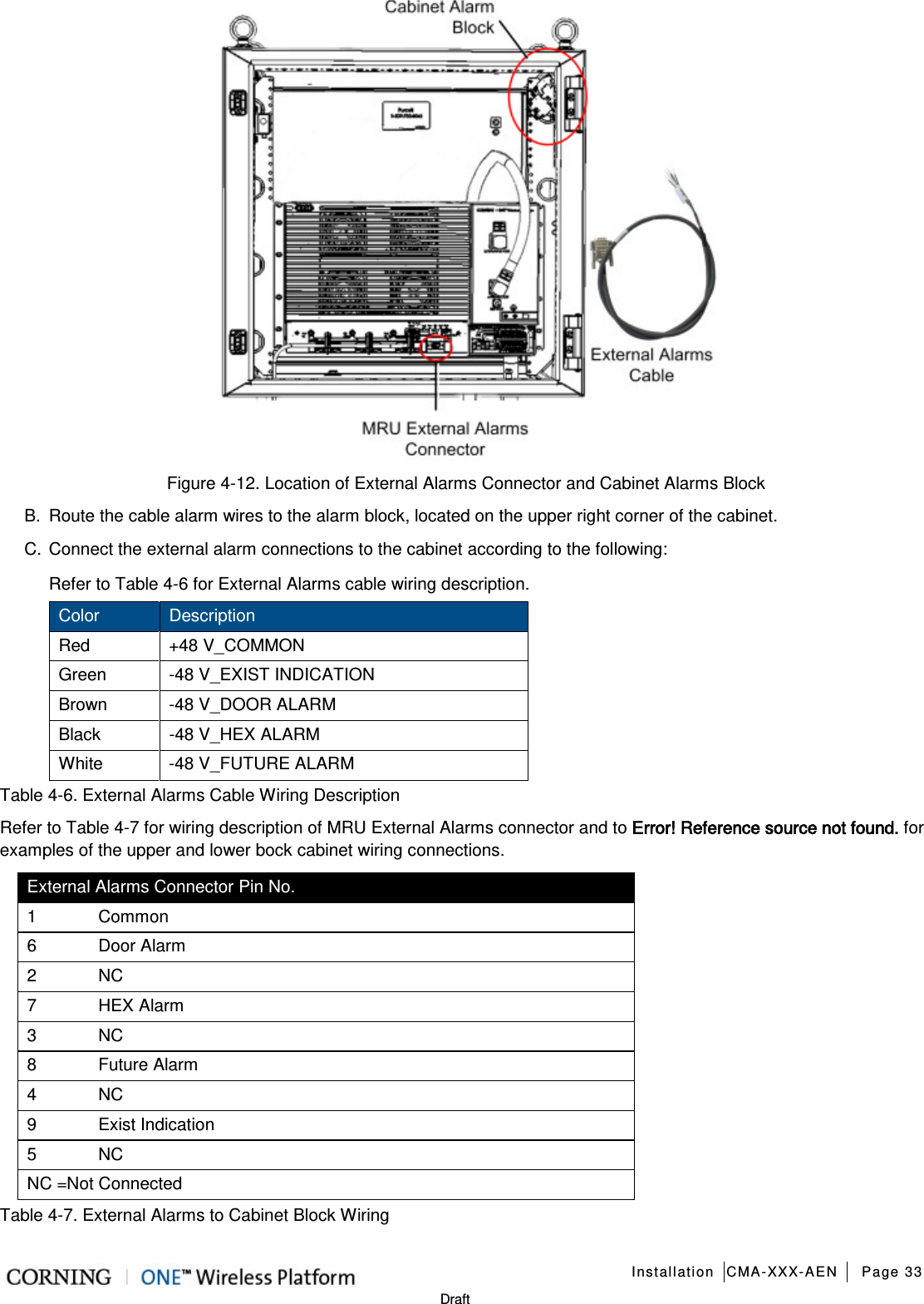   Installation CMA-XXX-AEN Page 33   Draft  Figure  4-12. Location of External Alarms Connector and Cabinet Alarms Block B.  Route the cable alarm wires to the alarm block, located on the upper right corner of the cabinet. C. Connect the external alarm connections to the cabinet according to the following: Refer to Table  4-6 for External Alarms cable wiring description. Color Description Red +48 V_COMMON Green  -48 V_EXIST INDICATION Brown  -48 V_DOOR ALARM Black  -48 V_HEX ALARM White  -48 V_FUTURE ALARM Table  4-6. External Alarms Cable Wiring Description Refer to Table  4-7 for wiring description of MRU External Alarms connector and to Error! Reference source not found. for examples of the upper and lower bock cabinet wiring connections. External Alarms Connector Pin No. 1  Common 6  Door Alarm 2  NC 7  HEX Alarm 3  NC 8  Future Alarm 4  NC 9  Exist Indication 5  NC NC =Not Connected Table  4-7. External Alarms to Cabinet Block Wiring 