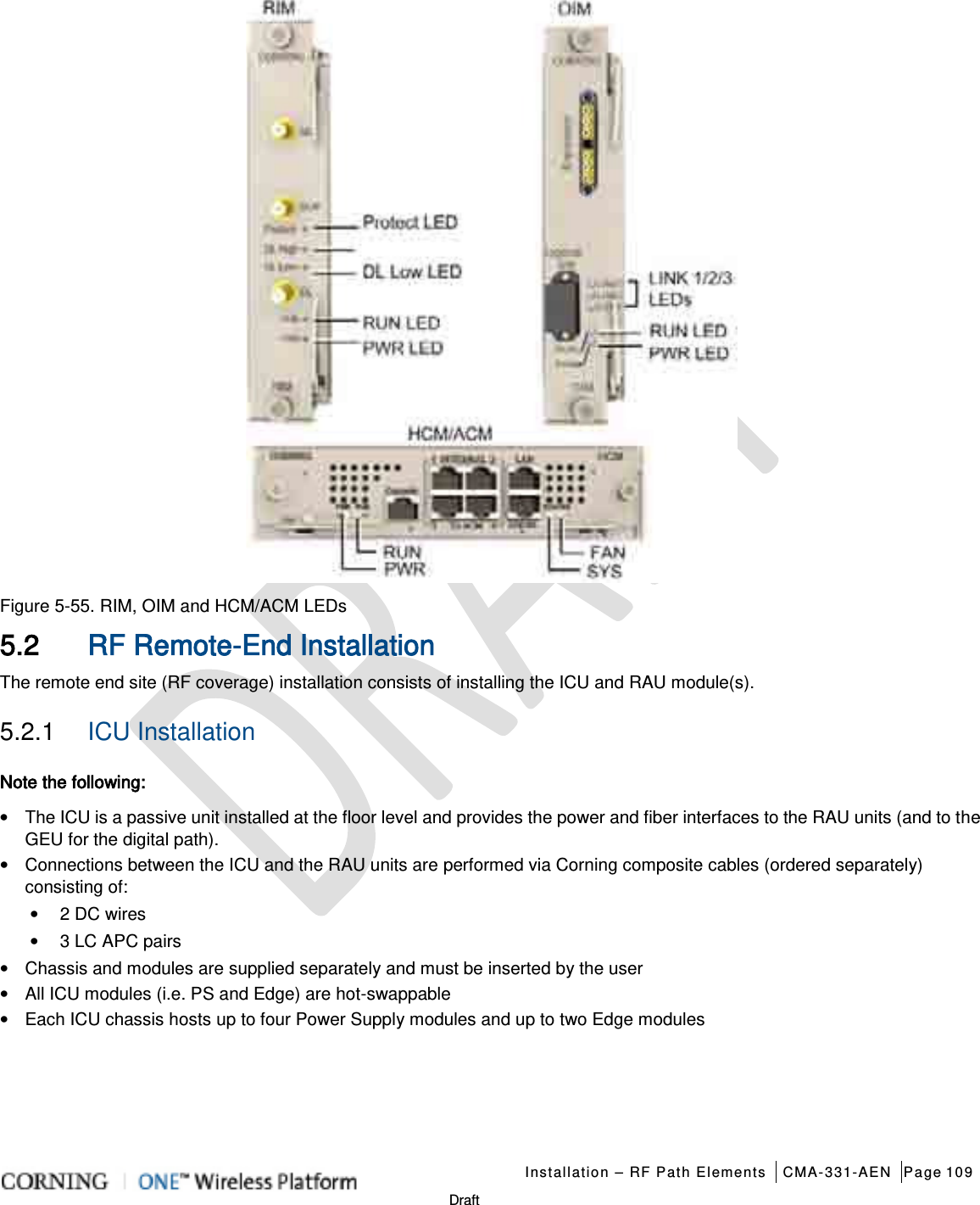   Installation – RF Path Elements CMA-331-AEN Page 109   Draft  Figure  5-55. RIM, OIM and HCM/ACM LEDs 5.2 RF Remote-End Installation The remote end site (RF coverage) installation consists of installing the ICU and RAU module(s).  5.2.1  ICU Installation Note the following: • The ICU is a passive unit installed at the floor level and provides the power and fiber interfaces to the RAU units (and to the GEU for the digital path).   • Connections between the ICU and the RAU units are performed via Corning composite cables (ordered separately) consisting of: • 2 DC wires •  3 LC APC pairs •  Chassis and modules are supplied separately and must be inserted by the user   • All ICU modules (i.e. PS and Edge) are hot-swappable • Each ICU chassis hosts up to four Power Supply modules and up to two Edge modules   