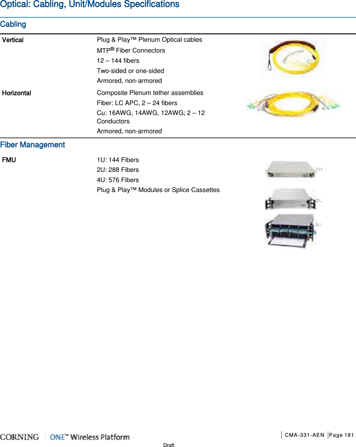       CMA-331-AEN Page 181  Draft Optical: Cabling, Unit/Modules Specifications Cabling Vertical Plug &amp; Play™ Plenum Optical cables MTP® Fiber Connectors 12 – 144 fibers Two-sided or one-sided   Armored, non-armored  Horizontal Composite Plenum tether assemblies Fiber: LC APC, 2 – 24 fibers   Cu: 16AWG, 14AWG, 12AWG; 2 – 12 Conductors Armored, non-armored  Fiber Management FMU 1U: 144 Fibers 2U: 288 Fibers   4U: 576 Fibers Plug &amp; Play™ Modules or Splice Cassettes  