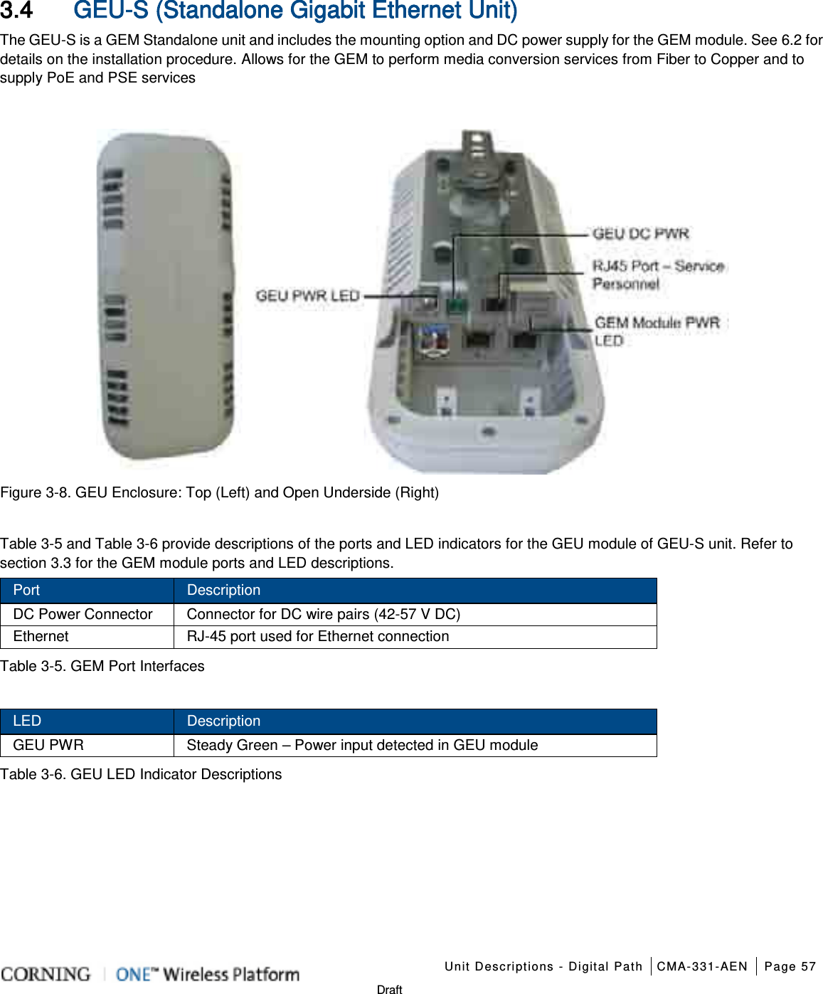    Unit Descriptions - Digital Path CMA-331-AEN Page 57   Draft 3.4 GEU-S (Standalone Gigabit Ethernet Unit) The GEU-S is a GEM Standalone unit and includes the mounting option and DC power supply for the GEM module. See  6.2 for details on the installation procedure. Allows for the GEM to perform media conversion services from Fiber to Copper and to supply PoE and PSE services   Figure  3-8. GEU Enclosure: Top (Left) and Open Underside (Right)  Table  3-5 and Table  3-6 provide descriptions of the ports and LED indicators for the GEU module of GEU-S unit. Refer to section  3.3 for the GEM module ports and LED descriptions. Port Description DC Power Connector Connector for DC wire pairs (42-57 V DC) Ethernet RJ-45 port used for Ethernet connection   Table  3-5. GEM Port Interfaces  LED Description GEU PWR Steady Green – Power input detected in GEU module Table  3-6. GEU LED Indicator Descriptions   
