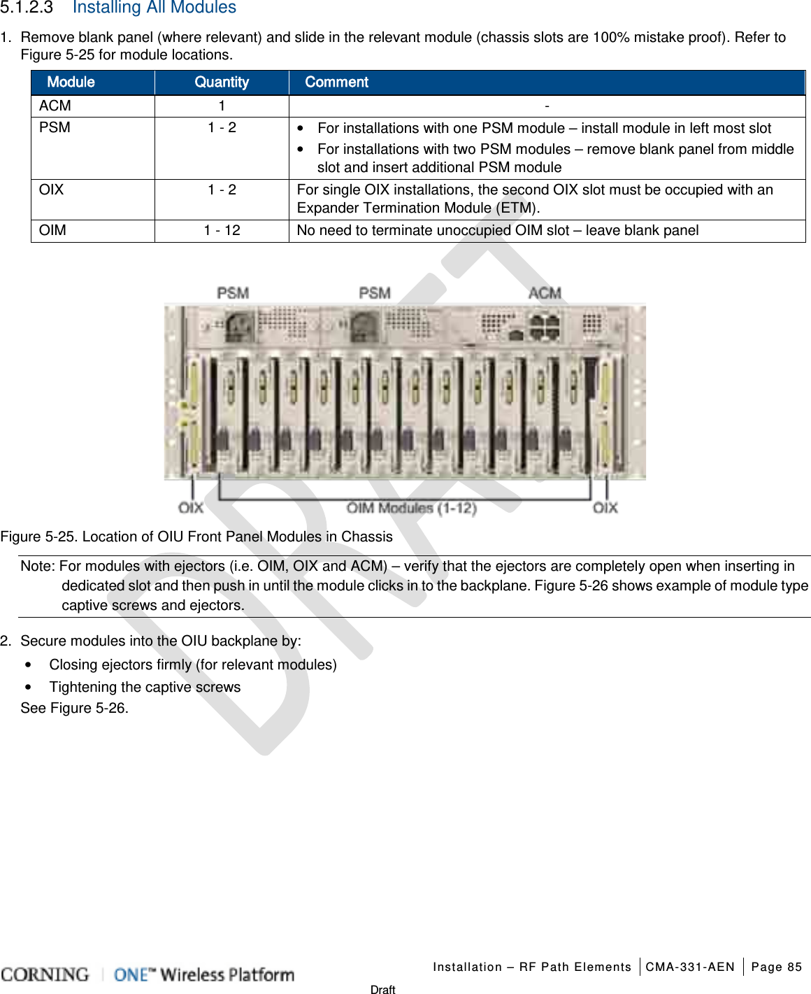   Installation – RF Path Elements CMA-331-AEN Page 85   Draft 5.1.2.3  Installing All Modules  1.  Remove blank panel (where relevant) and slide in the relevant module (chassis slots are 100% mistake proof). Refer to Figure  5-25 for module locations.   Module Quantity Comment ACM    1  - PSM 1 - 2  • For installations with one PSM module – install module in left most slot • For installations with two PSM modules – remove blank panel from middle slot and insert additional PSM module OIX 1 - 2  For single OIX installations, the second OIX slot must be occupied with an Expander Termination Module (ETM). OIM 1 - 12 No need to terminate unoccupied OIM slot – leave blank panel     Figure  5-25. Location of OIU Front Panel Modules in Chassis Note: For modules with ejectors (i.e. OIM, OIX and ACM) – verify that the ejectors are completely open when inserting in dedicated slot and then push in until the module clicks in to the backplane. Figure  5-26 shows example of module type captive screws and ejectors. 2.  Secure modules into the OIU backplane by: • Closing ejectors firmly (for relevant modules) • Tightening the captive screws   See Figure  5-26.   