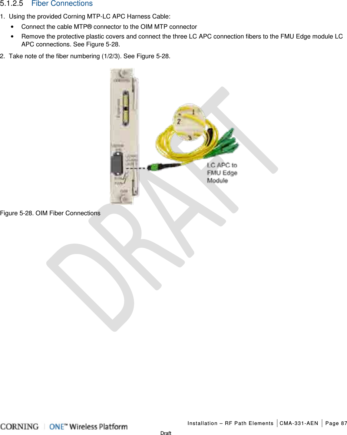   Installation – RF Path Elements CMA-331-AEN Page 87   Draft 5.1.2.5  Fiber Connections  1.  Using the provided Corning MTP-LC APC Harness Cable: • Connect the cable MTP® connector to the OIM MTP connector • Remove the protective plastic covers and connect the three LC APC connection fibers to the FMU Edge module LC APC connections. See Figure  5-28.   2.  Take note of the fiber numbering (1/2/3). See Figure  5-28.    Figure  5-28. OIM Fiber Connections    