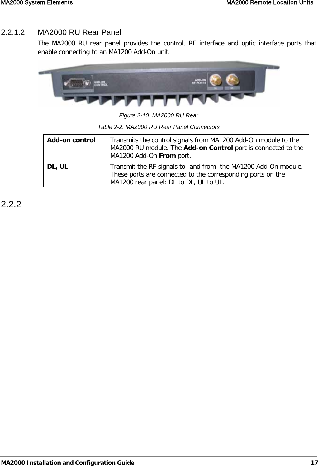 MA2000 System Elements    MA2000 Remote Location Units   MA2000 Installation and Configuration Guide  17 2.2.1.2  MA2000 RU Rear Panel The  MA2000  RU rear panel provides the control, RF interface and optic interface ports that enable connecting to an MA1200 Add-On unit.   Figure  2-10. MA2000 RU Rear Table  2-2. MA2000 RU Rear Panel Connectors Add-on control Transmits the control signals from MA1200 Add-On module to the MA2000 RU module. The Add-on Control port is connected to the MA1200 Add-On From port.  DL, UL Transmit the RF signals to- and from- the MA1200 Add-On module. These ports are connected to the corresponding ports on the MA1200 rear panel: DL to DL, UL to UL. 2.2.2     