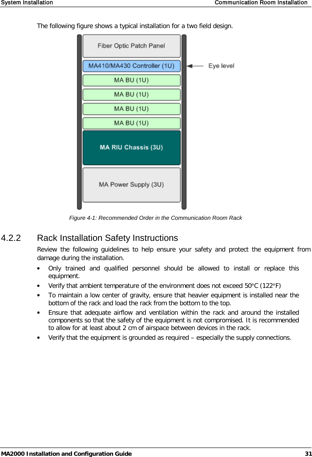 System Installation    Communication Room Installation   MA2000 Installation and Configuration Guide  31 The following figure shows a typical installation for a two field design.  Figure  4-1: Recommended Order in the Communication Room Rack 4.2.2  Rack Installation Safety Instructions Review the following guidelines to help ensure your safety and protect the equipment from damage during the installation. • Only trained and qualified personnel should be allowed to install or replace this equipment. • Verify that ambient temperature of the environment does not exceed 50°C (122°F) • To maintain a low center of gravity, ensure that heavier equipment is installed near the bottom of the rack and load the rack from the bottom to the top.   • Ensure that adequate airflow and ventilation within the rack and around the installed components so that the safety of the equipment is not compromised. It is recommended to allow for at least about 2 cm of airspace between devices in the rack. • Verify that the equipment is grounded as required – especially the supply connections.  