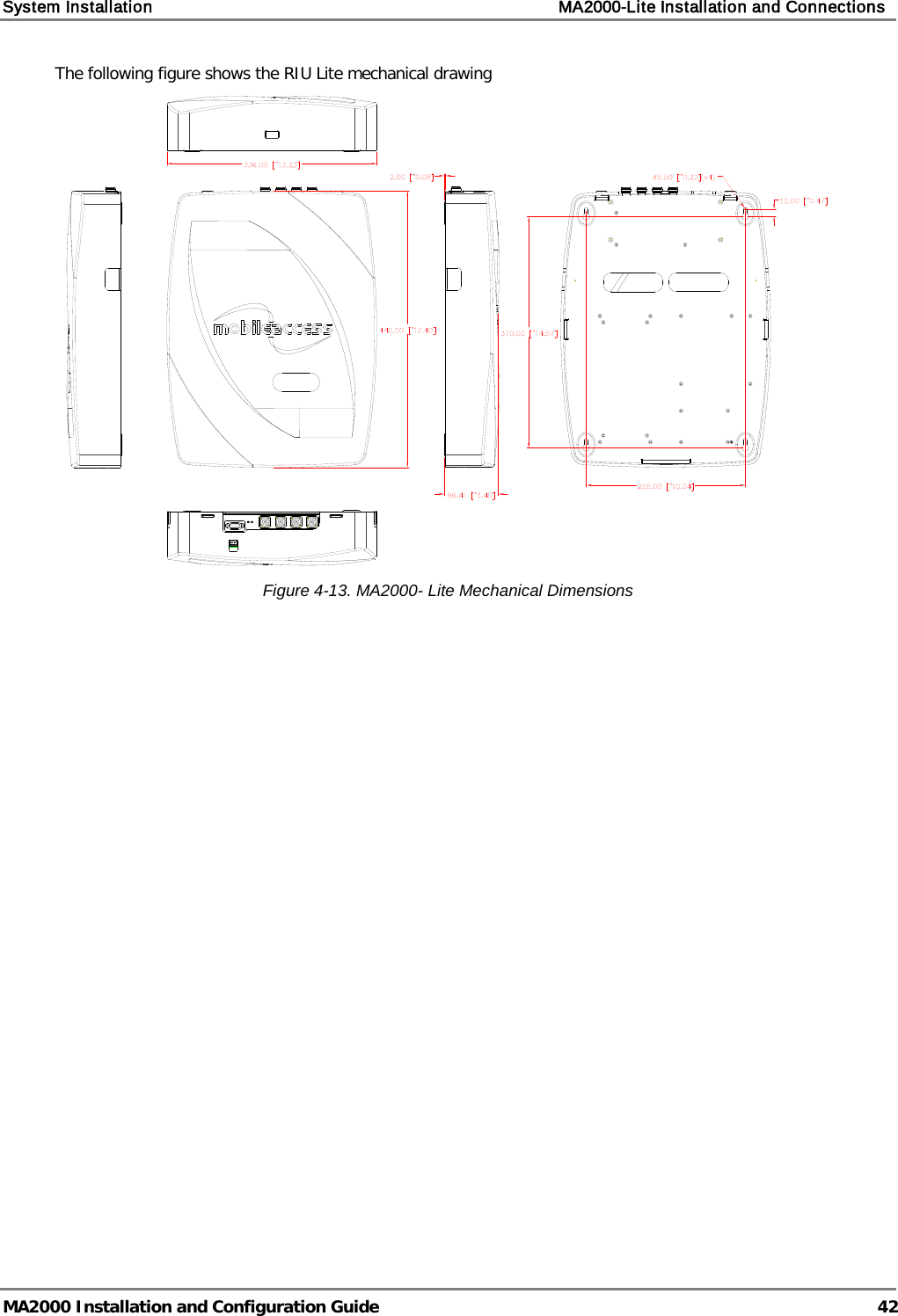 System Installation    MA2000-Lite Installation and Connections   MA2000 Installation and Configuration Guide  42 The following figure shows the RIU Lite mechanical drawing  Figure  4-13. MA2000- Lite Mechanical Dimensions    