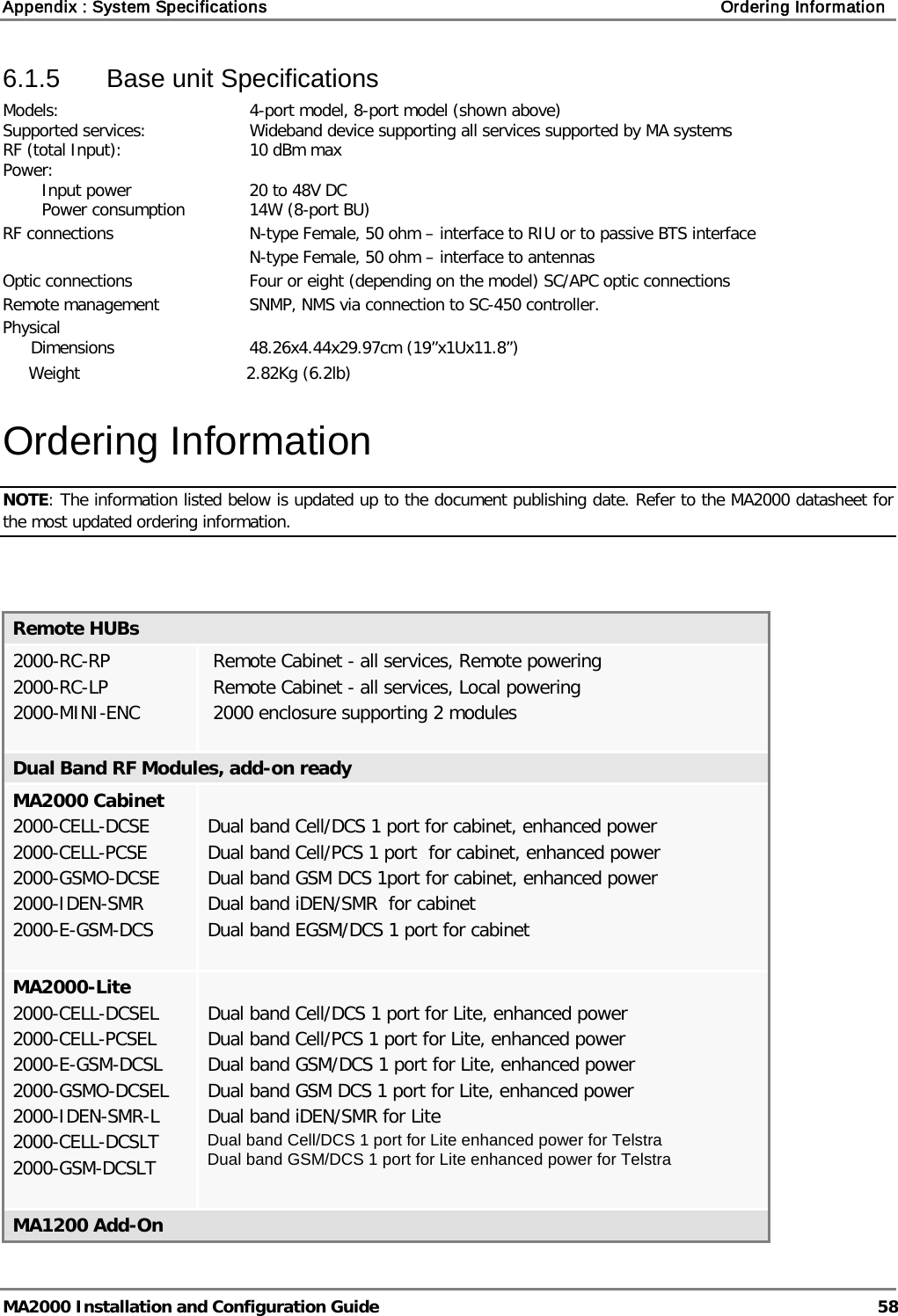 Appendix : System Specifications    Ordering Information   MA2000 Installation and Configuration Guide  58 6.1.5  Base unit Specifications Models:  4-port model, 8-port model (shown above) Supported services: Wideband device supporting all services supported by MA systems RF (total Input):   10 dBm max Power:    Input power 20 to 48V DC  Power consumption 14W (8-port BU)   RF connections    N-type Female, 50 ohm – interface to RIU or to passive BTS interface       N-type Female, 50 ohm – interface to antennas Optic connections    Four or eight (depending on the model) SC/APC optic connections  Remote management    SNMP, NMS via connection to SC-450 controller. Physical   Dimensions 48.26x4.44x29.97cm (19”x1Ux11.8”)  Weight           2.82Kg (6.2lb) Ordering Information NOTE: The information listed below is updated up to the document publishing date. Refer to the MA2000 datasheet for the most updated ordering information.    Remote HUBs 2000-RC-RP 2000-RC-LP 2000-MINI-ENC   Remote Cabinet - all services, Remote powering  Remote Cabinet - all services, Local powering  2000 enclosure supporting 2 modules Dual Band RF Modules, add-on ready  MA2000 Cabinet 2000-CELL-DCSE 2000-CELL-PCSE 2000-GSMO-DCSE 2000-IDEN-SMR 2000-E-GSM-DCS   Dual band Cell/DCS 1 port for cabinet, enhanced power Dual band Cell/PCS 1 port  for cabinet, enhanced power Dual band GSM DCS 1port for cabinet, enhanced power Dual band iDEN/SMR  for cabinet  Dual band EGSM/DCS 1 port for cabinet MA2000-Lite 2000-CELL-DCSEL 2000-CELL-PCSEL 2000-E-GSM-DCSL 2000-GSMO-DCSEL 2000-IDEN-SMR-L 2000-CELL-DCSLT 2000-GSM-DCSLT   Dual band Cell/DCS 1 port for Lite, enhanced power Dual band Cell/PCS 1 port for Lite, enhanced power Dual band GSM/DCS 1 port for Lite, enhanced power Dual band GSM DCS 1 port for Lite, enhanced power Dual band iDEN/SMR for Lite Dual band Cell/DCS 1 port for Lite enhanced power for Telstra Dual band GSM/DCS 1 port for Lite enhanced power for Telstra  MA1200 Add-On 