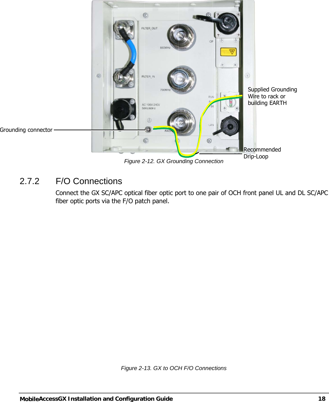 Gro  MobileA2.7.2 ounding conneAccessGX Ins F/O CConnectfiber opector stallation andConnectiot the GX SC/ptic ports via d ConfiguratFigure 2ons /APC optical the F/O patcFigure 2-tion Guide 2-12. GX Groufiber optic poch panel. 13. GX to OCHunding Connecort to one paH F/O Connecction air of OCH frctions RD ront panel ULSupplied GrouWire to rack obuilding EARTRecommendedDrip-Loop L and DL SC/unding or TH  18 /APC  