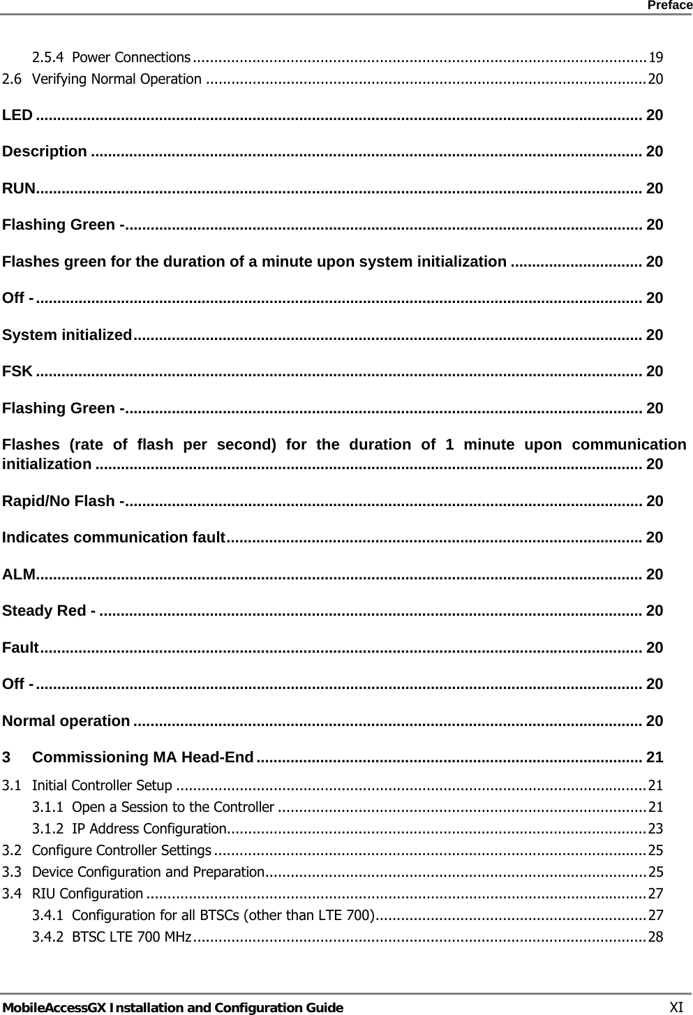    Preface      MobileAccessGX Installation and Configuration Guide   XI 2.5.4Power Connections ........................................................................................................... 192.6Verifying Normal Operation ........................................................................................................ 20LED ............................................................................................................................................... 20Description .................................................................................................................................. 20RUN ............................................................................................................................................... 20Flashing Green - .......................................................................................................................... 20Flashes green for the duration of a minute upon system initialization ............................... 20Off - ............................................................................................................................................... 20System initialized ........................................................................................................................ 20FSK ............................................................................................................................................... 20Flashing Green - .......................................................................................................................... 20Flashes (rate of flash per second) for the duration of 1 minute upon communication initialization ................................................................................................................................. 20Rapid/No Flash - .......................................................................................................................... 20Indicates communication fault .................................................................................................. 20ALM ............................................................................................................................................... 20Steady Red - ................................................................................................................................ 20Fault .............................................................................................................................................. 20Off - ............................................................................................................................................... 20Normal operation ........................................................................................................................ 203Commissioning MA Head-End ........................................................................................... 213.1Initial Controller Setup ............................................................................................................... 213.1.1Open a Session to the Controller ....................................................................................... 213.1.2IP Address Configuration................................................................................................... 233.2Configure Controller Settings ...................................................................................................... 253.3Device Configuration and Preparation .......................................................................................... 253.4RIU Configuration ...................................................................................................................... 273.4.1Configuration for all BTSCs (other than LTE 700) ................................................................ 273.4.2BTSC LTE 700 MHz ........................................................................................................... 28