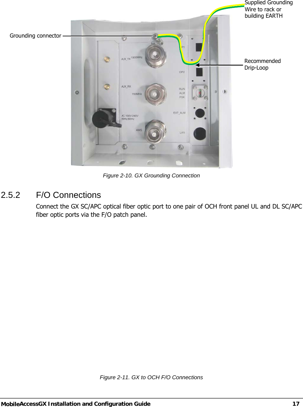   MobileA2.5.2 GrounAccessGX Ins F/O CConnectfiber opnding connectstallation andConnectiot the GX SC/ptic ports via or d ConfiguratFigure 2ons /APC optical the F/O patcFigure 2-tion Guide 2-10. GX Groufiber optic poch panel. 11. GX to OCHunding Connecort to one paH F/O Connecction air of OCH frctions  ront panel ULSuppWire buildRecoDrip-L and DL SC/plied Groundinto rack or ding EARTH ommended -Loop 17 /APC  ng 