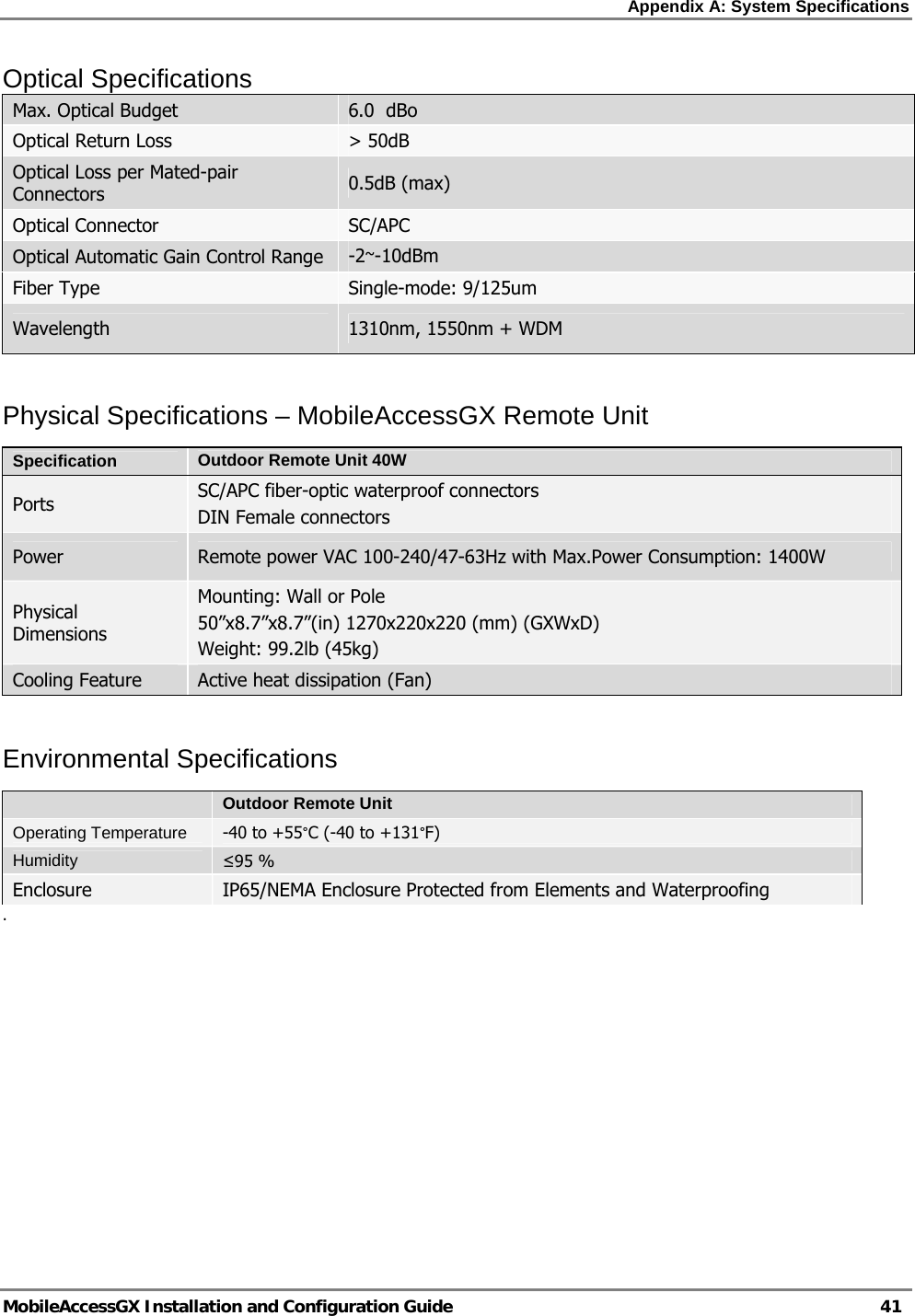 Appendix A: System Specifications   MobileAccessGX Installation and Configuration Guide   41  Optical Specifications Max. Optical Budget  6.0  dBo Optical Return Loss  &gt; 50dB Optical Loss per Mated-pair Connectors  0.5dB (max) Optical Connector  SC/APC Optical Automatic Gain Control Range  -2~-10dBm Fiber Type  Single-mode: 9/125um Wavelength  1310nm, 1550nm + WDM   Physical Specifications – MobileAccessGX Remote Unit Specification  Outdoor Remote Unit 40W Ports  SC/APC fiber-optic waterproof connectors  DIN Female connectors Power  Remote power VAC 100-240/47-63Hz with Max.Power Consumption: 1400W  Physical Dimensions Mounting: Wall or Pole 50”x8.7”x8.7”(in) 1270x220x220 (mm) (GXWxD) Weight: 99.2lb (45kg) Cooling Feature  Active heat dissipation (Fan)  Environmental Specifications  Outdoor Remote Unit Operating Temperature  -40 to +55°C (-40 to +131°F) Humidity  ≤95 % Enclosure  IP65/NEMA Enclosure Protected from Elements and Waterproofing . 