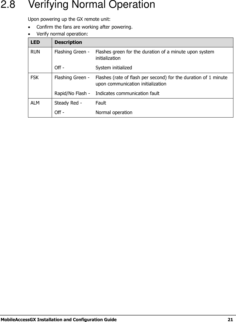   MobileAccessGX Installation and Configuration Guide   21  2.8  Verifying Normal Operation Upon powering up the GX remote unit:  Confirm the fans are working after powering.  Verify normal operation: LED Description RUN Flashing Green - Flashes green for the duration of a minute upon system initialization Off - System initialized FSK Flashing Green -  Flashes (rate of flash per second) for the duration of 1 minute upon communication initialization Rapid/No Flash -  Indicates communication fault ALM Steady Red -  Fault Off -  Normal operation      