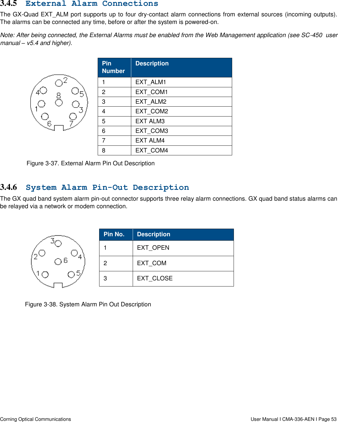   Corning Optical Communications                  User Manual I CMA-336-AEN I Page 53 3.4.5 External Alarm Connections The GX-Quad EXT_ALM port supports up to four dry-contact alarm connections from external sources (incoming outputs). The alarms can be connected any time, before or after the system is powered-on. Note: After being connected, the External Alarms must be enabled from the Web Management application (see SC-450  user manual – v5.4 and higher).   Pin Number Description 1 EXT_ALM1 2 EXT_COM1 3 EXT_ALM2 4 EXT_COM2 5 EXT ALM3 6 EXT_COM3  7 EXT ALM4 8 EXT_COM4   Figure 3-37. External Alarm Pin Out Description 3.4.6 System Alarm Pin-Out Description The GX quad band system alarm pin-out connector supports three relay alarm connections. GX quad band status alarms can be relayed via a network or modem connection.    Pin No. Description 1 EXT_OPEN 2 EXT_COM 3 EXT_CLOSE  Figure 3-38. System Alarm Pin Out Description     