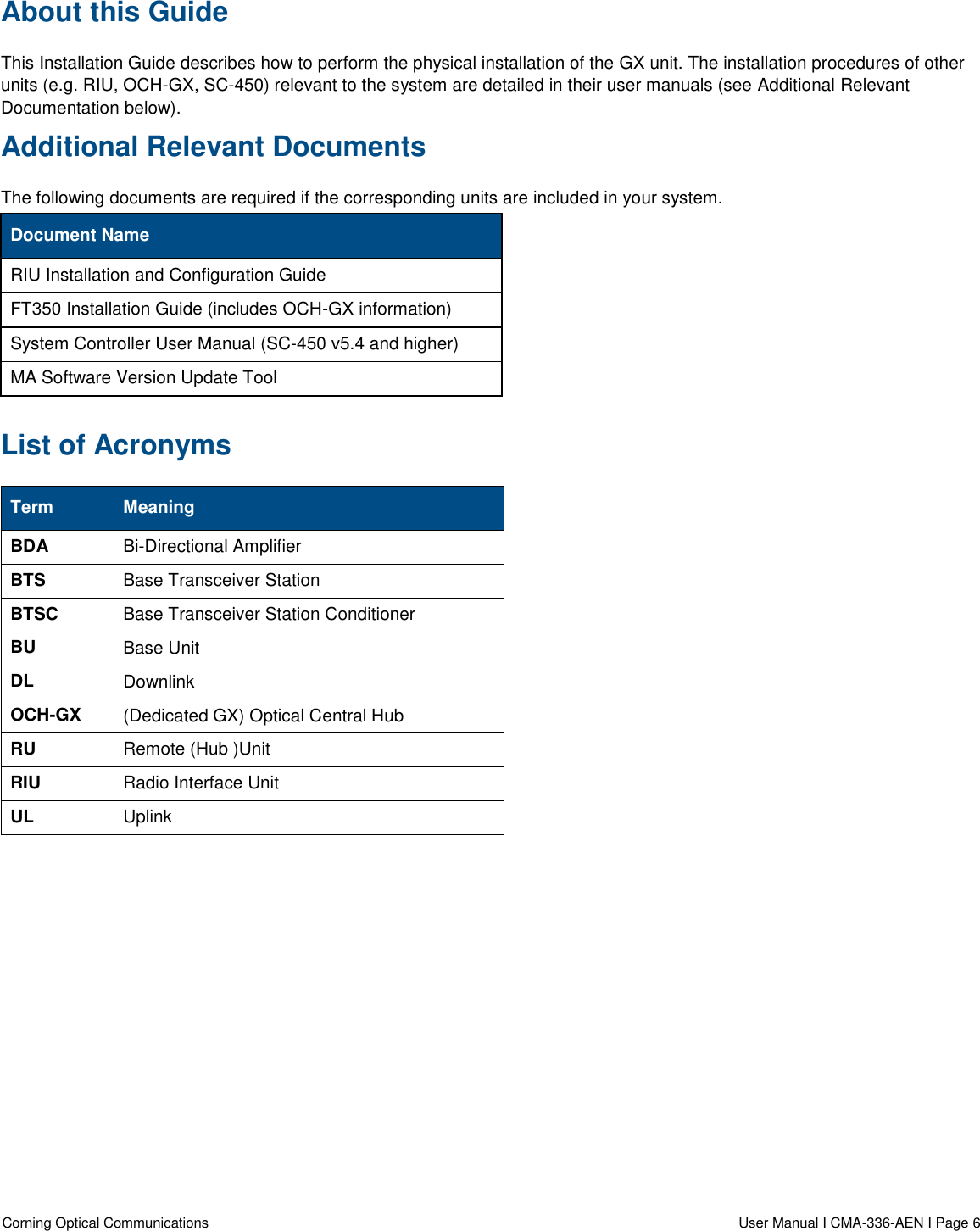  Corning Optical Communications                    User Manual I CMA-336-AEN I Page 6  About this Guide  This Installation Guide describes how to perform the physical installation of the GX unit. The installation procedures of other units (e.g. RIU, OCH-GX, SC-450) relevant to the system are detailed in their user manuals (see Additional Relevant Documentation below). Additional Relevant Documents The following documents are required if the corresponding units are included in your system. Document Name RIU Installation and Configuration Guide FT350 Installation Guide (includes OCH-GX information) System Controller User Manual (SC-450 v5.4 and higher) MA Software Version Update Tool  List of Acronyms Term Meaning BDA Bi-Directional Amplifier BTS Base Transceiver Station BTSC Base Transceiver Station Conditioner BU Base Unit DL Downlink OCH-GX (Dedicated GX) Optical Central Hub RU Remote (Hub )Unit RIU Radio Interface Unit UL Uplink 