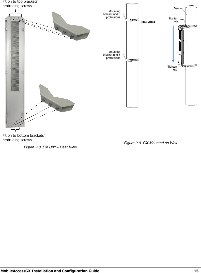   MobileAccessGX Installation and Configuration Guide   15       Figure 2-8. GX Unit – Rear View      Figure 2-9. GX Mounted on Wall       Fit on to top brackets’ protruding screws Fit on to bottom brackets’ protruding screws 