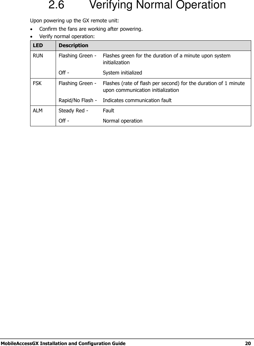   MobileAccessGX Installation and Configuration Guide   20  2.6  Verifying Normal Operation Upon powering up the GX remote unit:  Confirm the fans are working after powering.  Verify normal operation: LED Description RUN Flashing Green - Flashes green for the duration of a minute upon system initialization Off - System initialized FSK Flashing Green -  Flashes (rate of flash per second) for the duration of 1 minute upon communication initialization Rapid/No Flash -  Indicates communication fault ALM Steady Red -  Fault Off -  Normal operation      