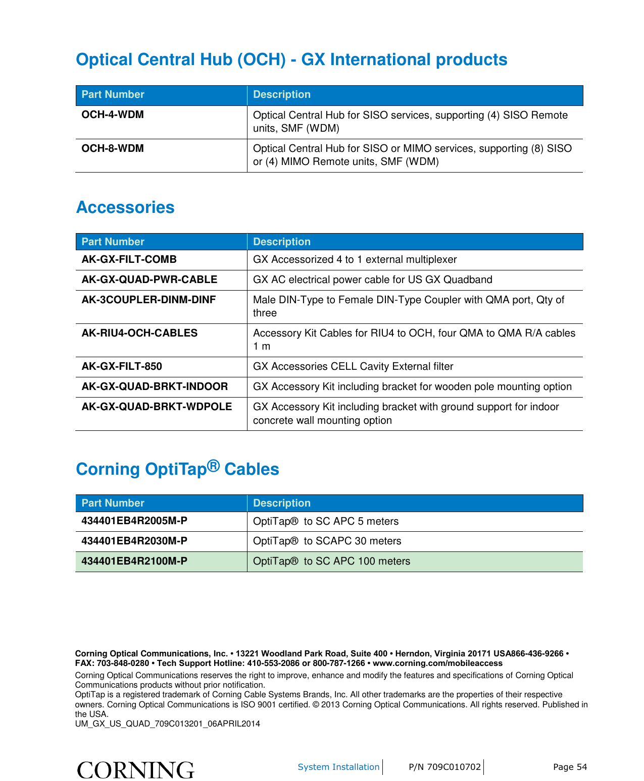    System Installation P/N 709C010702 Page 54  Optical Central Hub (OCH) - GX International products Part Number Description OCH-4-WDM Optical Central Hub for SISO services, supporting (4) SISO Remote units, SMF (WDM) OCH-8-WDM Optical Central Hub for SISO or MIMO services, supporting (8) SISO or (4) MIMO Remote units, SMF (WDM) Accessories Part Number Description AK-GX-FILT-COMB GX Accessorized 4 to 1 external multiplexer AK-GX-QUAD-PWR-CABLE GX AC electrical power cable for US GX Quadband AK-3COUPLER-DINM-DINF Male DIN-Type to Female DIN-Type Coupler with QMA port, Qty of three AK-RIU4-OCH-CABLES Accessory Kit Cables for RIU4 to OCH, four QMA to QMA R/A cables 1 m AK-GX-FILT-850 GX Accessories CELL Cavity External filter AK-GX-QUAD-BRKT-INDOOR GX Accessory Kit including bracket for wooden pole mounting option AK-GX-QUAD-BRKT-WDPOLE GX Accessory Kit including bracket with ground support for indoor concrete wall mounting option Corning OptiTap® Cables Part Number Description 434401EB4R2005M-P OptiTap®  to SC APC 5 meters 434401EB4R2030M-P OptiTap®  to SCAPC 30 meters 434401EB4R2100M-P OptiTap®  to SC APC 100 meters  Corning Optical Communications, Inc. • 13221 Woodland Park Road, Suite 400 • Herndon, Virginia 20171 USA866-436-9266 • FAX: 703-848-0280 • Tech Support Hotline: 410-553-2086 or 800-787-1266 • www.corning.com/mobileaccess Corning Optical Communications reserves the right to improve, enhance and modify the features and specifications of Corning Optical Communications products without prior notification.                                  OptiTap is a registered trademark of Corning Cable Systems Brands, Inc. All other trademarks are the properties of their respective owners. Corning Optical Communications is ISO 9001 certified. © 2013 Corning Optical Communications. All rights reserved. Published in the USA.  UM_GX_US_QUAD_709C013201_06APRIL2014 