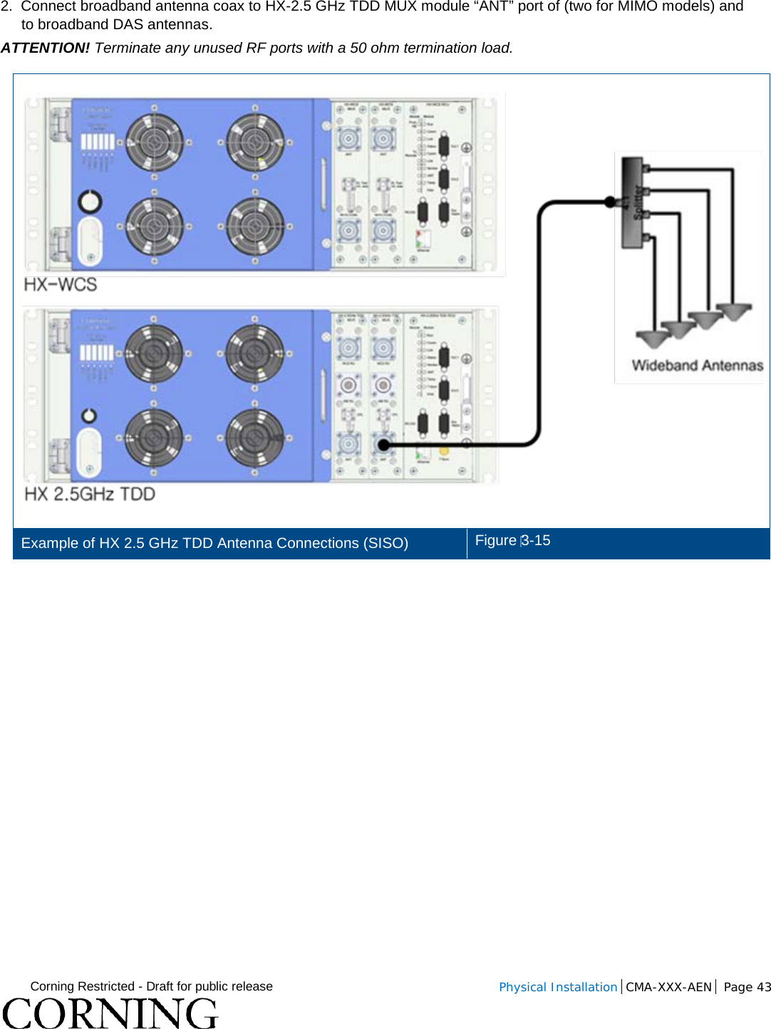  Corning Restricted - Draft for public release  Physical Installation  CMA-XXX-AEN Page 43   2.  Connect broadband antenna coax to HX-2.5 GHz TDD MUX module “ANT” port of (two for MIMO models) and to broadband DAS antennas.  ATTENTION! Terminate any unused RF ports with a 50 ohm termination load.   Example of HX 2.5 GHz TDD Antenna Connections (SISO) Figure 3-15    