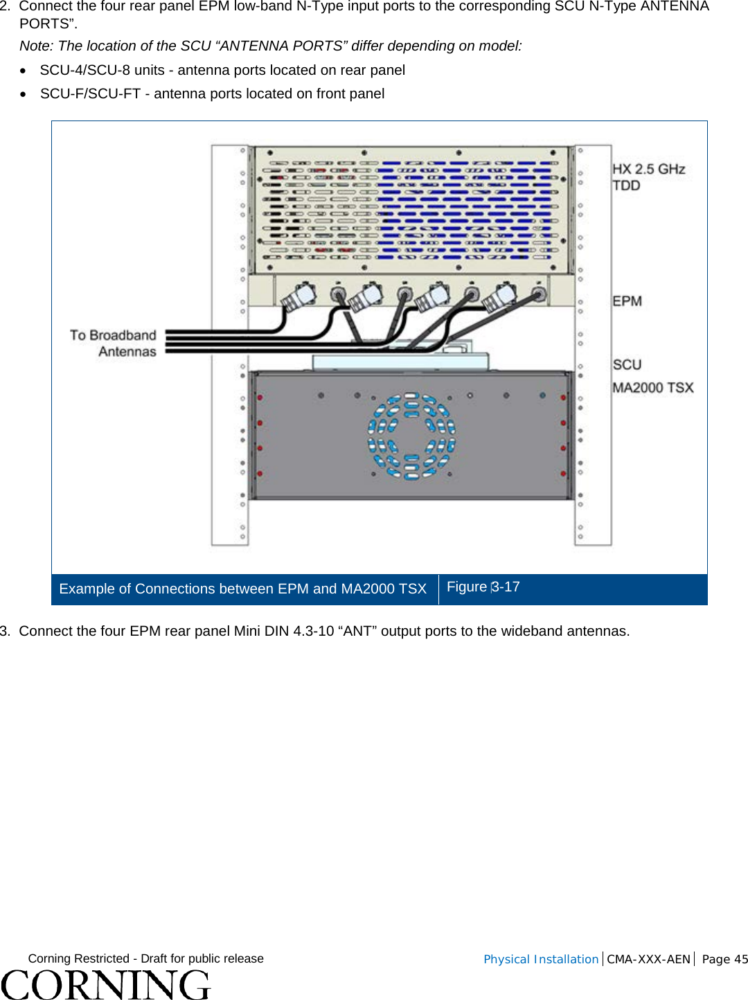  Corning Restricted - Draft for public release  Physical Installation  CMA-XXX-AEN Page 45   2.  Connect the four rear panel EPM low-band N-Type input ports to the corresponding SCU N-Type ANTENNA PORTS”. Note: The location of the SCU “ANTENNA PORTS” differ depending on model: • SCU-4/SCU-8 units - antenna ports located on rear panel • SCU-F/SCU-FT - antenna ports located on front panel  Example of Connections between EPM and MA2000 TSX Figure 3-17 3.  Connect the four EPM rear panel Mini DIN 4.3-10 “ANT” output ports to the wideband antennas.    