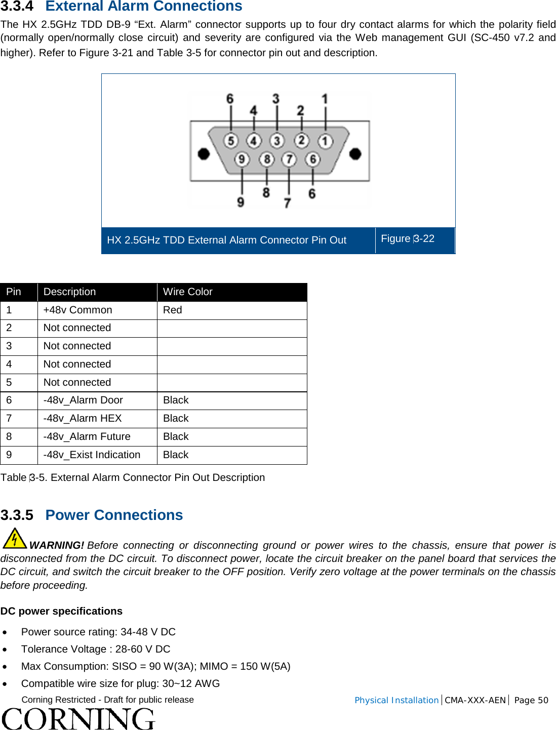  Corning Restricted - Draft for public release  Physical Installation  CMA-XXX-AEN Page 50   3.3.4 External Alarm Connections The HX 2.5GHz TDD DB-9 “Ext. Alarm” connector supports up to four dry contact alarms for which the polarity field (normally open/normally close circuit) and severity are configured via the Web management GUI (SC-450 v7.2 and higher). Refer to Figure  3-21 and Table  3-5 for connector pin out and description.  HX 2.5GHz TDD External Alarm Connector Pin Out   Figure 3-22  Pin Description Wire Color 1  +48v Common Red 2  Not connected   3  Not connected   4  Not connected   5 Not connected  6 -48v_Alarm Door Black 7  -48v_Alarm HEX Black 8  -48v_Alarm Future Black 9  -48v_Exist Indication Black Table 3-5. External Alarm Connector Pin Out Description 3.3.5 Power Connections WARNING! Before connecting or disconnecting ground or power wires to the chassis, ensure that power is disconnected from the DC circuit. To disconnect power, locate the circuit breaker on the panel board that services the DC circuit, and switch the circuit breaker to the OFF position. Verify zero voltage at the power terminals on the chassis before proceeding. DC power specifications  • Power source rating: 34-48 V DC •  Tolerance Voltage : 28-60 V DC • Max Consumption: SISO = 90 W(3A); MIMO = 150 W(5A) • Compatible wire size for plug: 30~12 AWG 