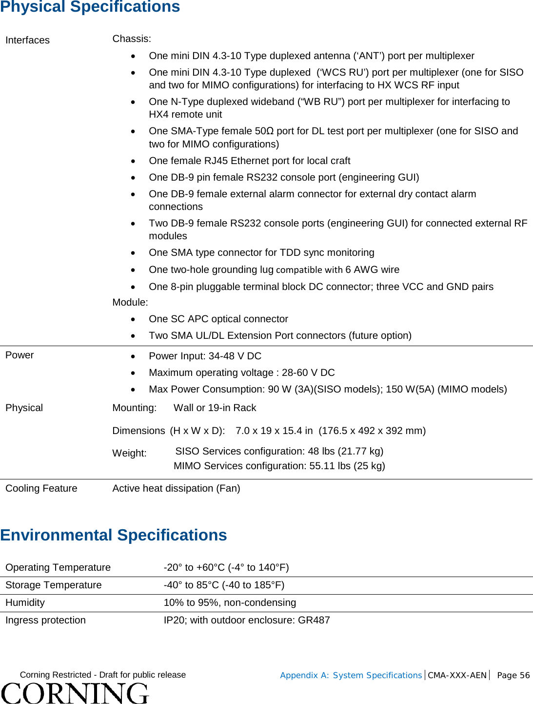  Corning Restricted - Draft for public release  Appendix A: System Specifications CMA-XXX-AEN Page 56    Physical Specifications  Interfaces Chassis: • One mini DIN 4.3-10 Type duplexed antenna (‘ANT’) port per multiplexer  • One mini DIN 4.3-10 Type duplexed  (‘WCS RU’) port per multiplexer (one for SISO and two for MIMO configurations) for interfacing to HX WCS RF input • One N-Type duplexed wideband (“WB RU”) port per multiplexer for interfacing to HX4 remote unit • One SMA-Type female 50Ω port for DL test port per multiplexer (one for SISO and two for MIMO configurations)  • One female RJ45 Ethernet port for local craft  • One DB-9 pin female RS232 console port (engineering GUI) • One DB-9 female external alarm connector for external dry contact alarm connections • Two DB-9 female RS232 console ports (engineering GUI) for connected external RF modules   • One SMA type connector for TDD sync monitoring  • One two-hole grounding lug compatible with 6 AWG wire • One 8-pin pluggable terminal block DC connector; three VCC and GND pairs Module: • One SC APC optical connector • Two SMA UL/DL Extension Port connectors (future option)  Power • Power Input: 34-48 V DC • Maximum operating voltage : 28-60 V DC • Max Power Consumption: 90 W (3A)(SISO models); 150 W(5A) (MIMO models) Physical Mounting: Wall or 19-in Rack Dimensions  (H x W x D): 7.0 x 19 x 15.4 in  (176.5 x 492 x 392 mm) Weight: SISO Services configuration: 48 lbs (21.77 kg)  MIMO Services configuration: 55.11 lbs (25 kg) Cooling Feature Active heat dissipation (Fan) Environmental Specifications Operating Temperature  -20° to +60°C (-4° to 140°F) Storage Temperature  -40° to 85°C (-40 to 185°F) Humidity 10% to 95%, non-condensing Ingress protection IP20; with outdoor enclosure: GR487     