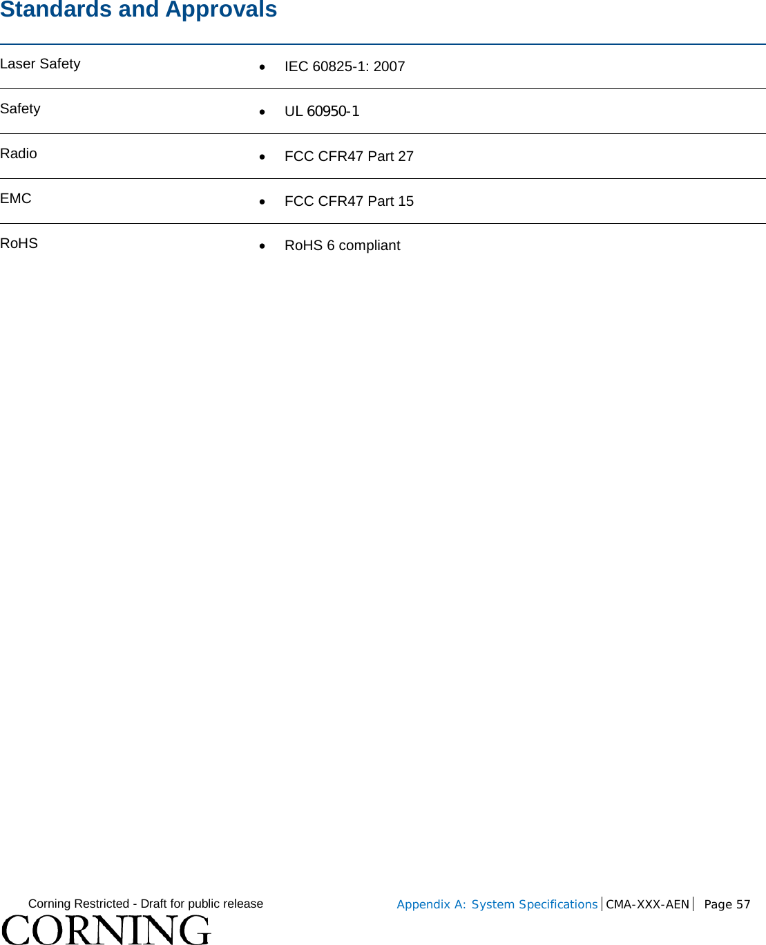  Corning Restricted - Draft for public release  Appendix A: System Specifications CMA-XXX-AEN Page 57     Standards and Approvals Laser Safety •  IEC 60825-1: 2007 Safety •  UL 60950-1  Radio • FCC CFR47 Part 27 EMC • FCC CFR47 Part 15 RoHS • RoHS 6 compliant   