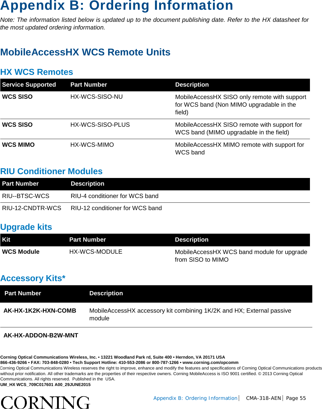   Appendix B: Ordering Information CMA-318-AEN Page 55    Appendix B: Ordering Information Note: The information listed below is updated up to the document publishing date. Refer to the HX datasheet for the most updated ordering information.  MobileAccessHX WCS Remote Units HX WCS Remotes Service Supported Part Number Description WCS SISO HX-WCS-SISO-NU MobileAccessHX SISO only remote with support for WCS band (Non MIMO upgradable in the field) WCS SISO HX-WCS-SISO-PLUS MobileAccessHX SISO remote with support for WCS band (MIMO upgradable in the field) WCS MIMO HX-WCS-MIMO MobileAccessHX MIMO remote with support for WCS band RIU Conditioner Modules Part Number Description RIU--BTSC-WCS RIU-4 conditioner for WCS band RIU-12-CNDTR-WCS RIU-12 conditioner for WCS band Upgrade kits Kit Part Number Description WCS Module HX-WCS-MODULE MobileAccessHX WCS band module for upgrade from SISO to MIMO Accessory Kits* Part Number Description AK-HX-1K2K-HXN-COMB MobileAccessHX accessory kit combining 1K/2K and HX; External passive module AK-HX-ADDON-B2W-MNT   Corning Optical Communications Wireless, Inc. • 13221 Woodland Park rd, Suite 400 • Herndon, VA 20171 USA 866-436-9266 • FAX: 703-848-0280 • Tech Support Hotline: 410-553-2086 or 800-787-1266 • www.corning.com/opcomm Corning Optical Communications Wireless reserves the right to improve, enhance and modify the features and specifications of Corning Optical Communications products without prior notification. All other trademarks are the properties of their respective owners. Corning MobileAccess is ISO 9001 certified. © 2013 Corning Optical Communications. All rights reserved.  Published in the  USA.  UM_HX WCS_709C017601 A00_29JUNE2015 