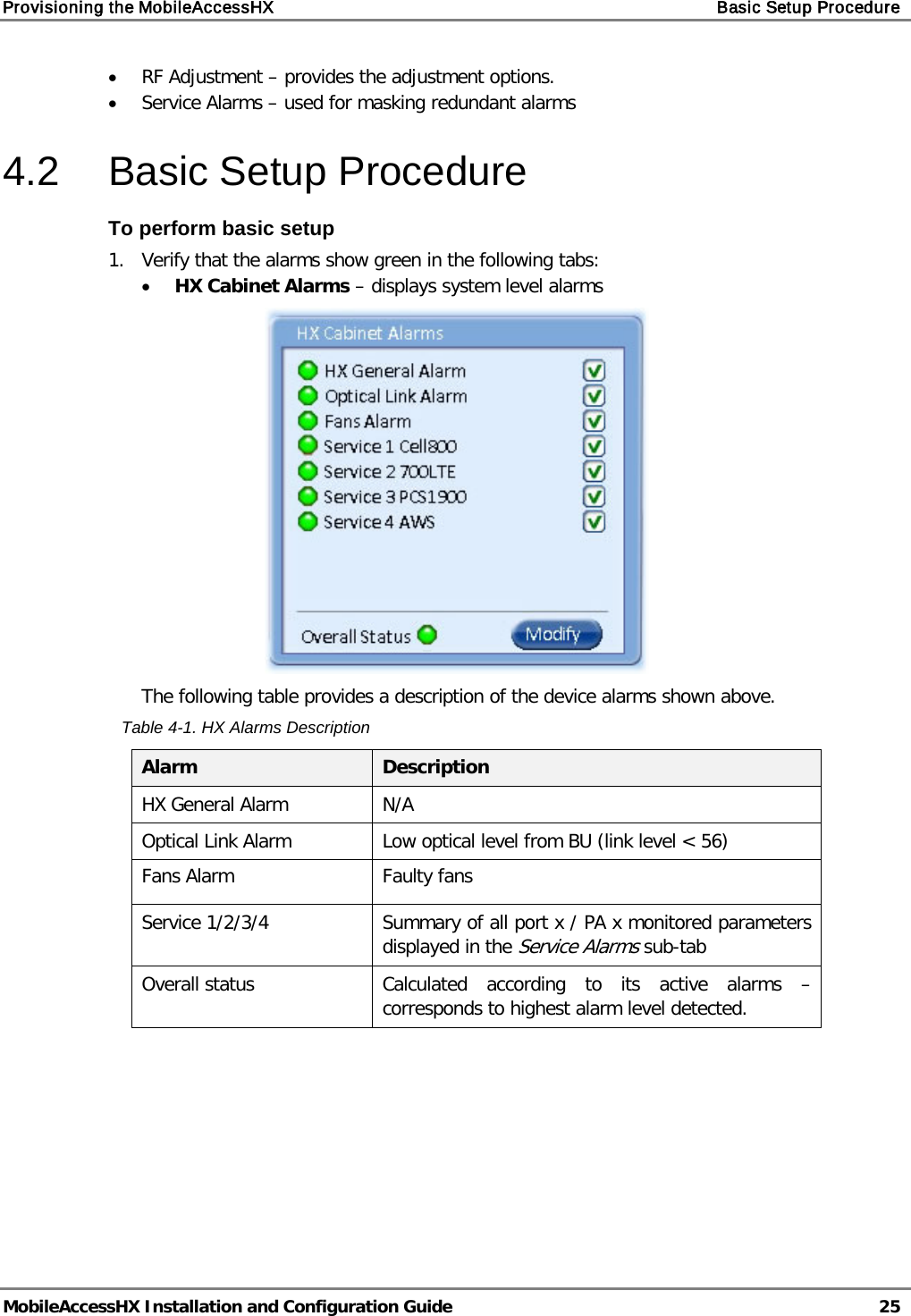 Provisioning the MobileAccessHX    Basic Setup Procedure   MobileAccessHX Installation and Configuration Guide   25  • RF Adjustment – provides the adjustment options. • Service Alarms – used for masking redundant alarms 4.2  Basic Setup Procedure To perform basic setup 1.  Verify that the alarms show green in the following tabs: • HX Cabinet Alarms – displays system level alarms  The following table provides a description of the device alarms shown above. Table  4-1. HX Alarms Description Alarm Description HX General Alarm N/A Optical Link Alarm Low optical level from BU (link level &lt; 56) Fans Alarm   Faulty fans Service 1/2/3/4  Summary of all port x / PA x monitored parameters displayed in the Service Alarms sub-tab Overall status Calculated according to its active alarms – corresponds to highest alarm level detected.  