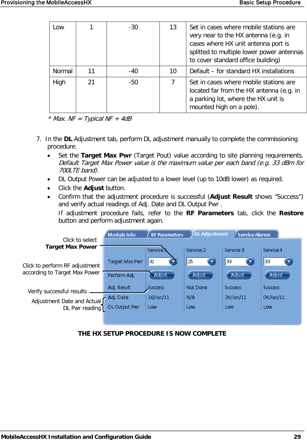 Provisioning the MobileAccessHX    Basic Setup Procedure   MobileAccessHX Installation and Configuration Guide   29  Low  1  -30 13 Set in cases where mobile stations are very near to the HX antenna (e.g. in cases where HX unit antenna port is splitted to multiple lower power antennas to cover standard office building)  Normal 11  -40 10 Default – for standard HX installations High 21  -50  7  Set in cases where mobile stations are located far from the HX antenna (e.g. in a parking lot, where the HX unit is mounted high on a pole). * Max. NF = Typical NF + 4dB  7.  In the DL Adjustment tab, perform DL adjustment manually to complete the commissioning procedure. • Set the Target Max Pwr (Target Pout) value according to site planning requirements.  Default Target Max Power value is the maximum value per each band (e.g. 33 dBm for  700LTE band). • DL Output Power can be adjusted to a lower level (up to 10dB lower) as required. • Click the Adjust button.  • Confirm that the adjustment procedure is successful (Adjust Result shows “Success”) and verify actual readings of Adj. Date and DL Output Pwr . If adjustment procedure fails, refer to the RF Parameters tab, click the Restore button and perform adjustment again.  THE HX SETUP PROCEDURE IS NOW COMPLETE Click to select  Target Max Power Click to perform RF adjustment according to Target Max Power Verify successful results Adjustment Date and Actual DL Pwr reading 