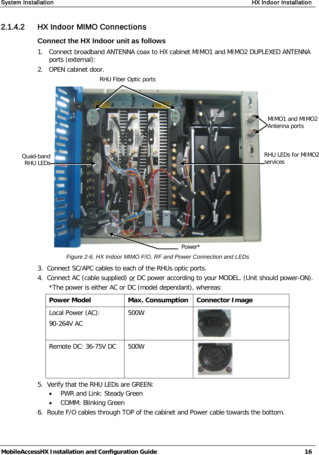 System Installation    HX Indoor Installation   MobileAccessHX Installation and Configuration Guide   16  2.1.4.2 HX Indoor MIMO Connections Connect the HX Indoor unit as follows 1.  Connect broadband ANTENNA coax to HX cabinet MIMO1 and MIMO2 DUPLEXED ANTENNA ports (external): 2.   OPEN cabinet door.   Figure  2-6. HX Indoor MIMO F/O, RF and Power Connection and LEDs 3.  Connect SC/APC cables to each of the RHUs optic ports. 4.  Connect AC (cable supplied) or DC power according to your MODEL. (Unit should power-ON). *The power is either AC or DC (model dependant), whereas: Power Model Max. Consumption Connector Image Local Power (AC):  90-264V AC 500W  Remote DC: 36-75V DC 500W  5.  Verify that the RHU LEDs are GREEN: • PWR and Link: Steady Green • COMM: Blinking Green 6.  Route F/O cables through TOP of the cabinet and Power cable towards the bottom.   Power*  MIMO1 and MIMO2 Antenna ports RHU LEDs for MIMO2 services Quad-band RHU LEDs RHU Fiber Optic ports 