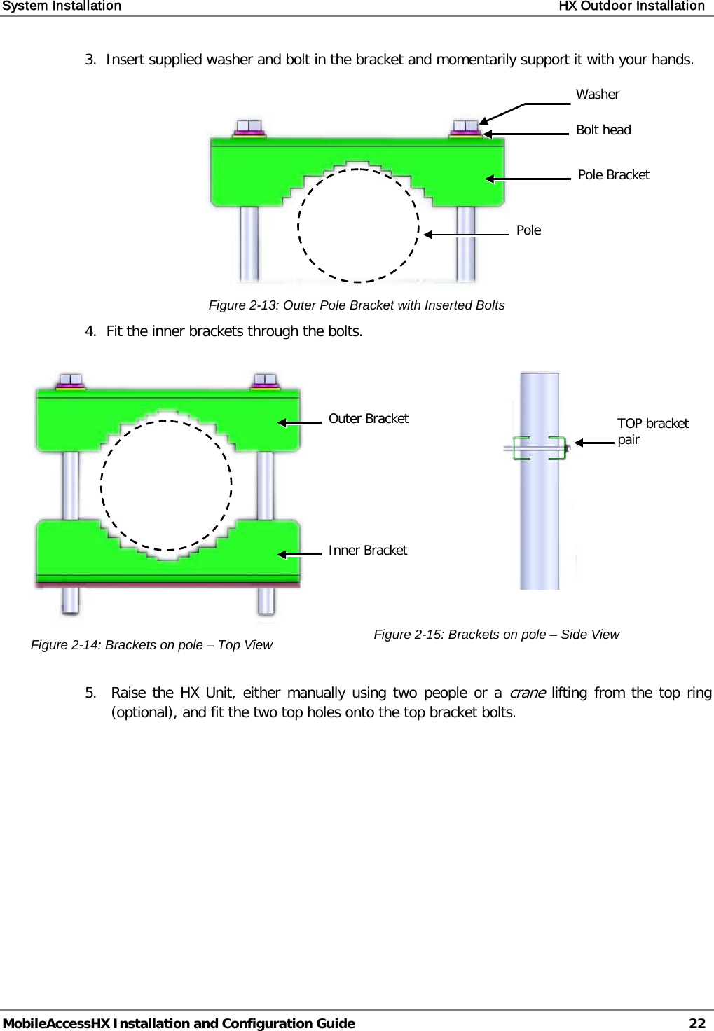 System Installation    HX Outdoor Installation   MobileAccessHX Installation and Configuration Guide   22  3.  Insert supplied washer and bolt in the bracket and momentarily support it with your hands.      Figure  2-13: Outer Pole Bracket with Inserted Bolts 4.  Fit the inner brackets through the bolts.    Figure  2-14: Brackets on pole – Top View   Figure  2-15: Brackets on pole – Side View  5.  Raise the HX Unit, either manually using two people or a crane lifting from the top ring (optional), and fit the two top holes onto the top bracket bolts.    Washer TOP bracket pair Bolt head Pole Bracket Pole  Outer Bracket Inner Bracket 