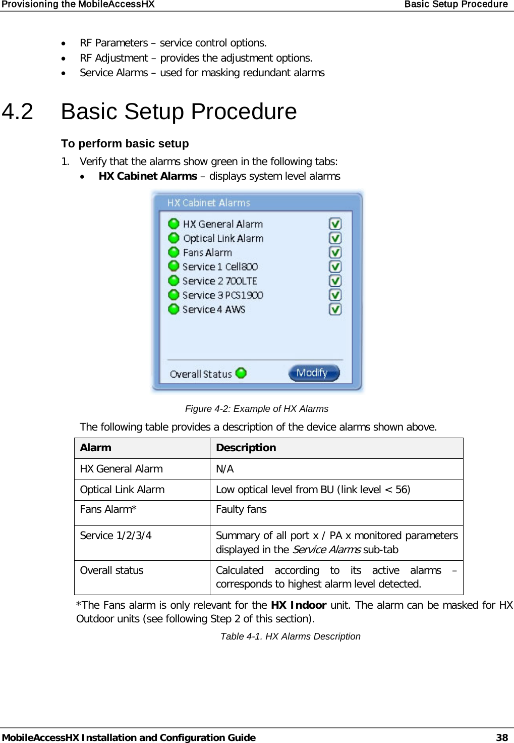 Provisioning the MobileAccessHX    Basic Setup Procedure   MobileAccessHX Installation and Configuration Guide   38  • RF Parameters – service control options. • RF Adjustment – provides the adjustment options. • Service Alarms – used for masking redundant alarms 4.2  Basic Setup Procedure To perform basic setup 1.  Verify that the alarms show green in the following tabs: • HX Cabinet Alarms – displays system level alarms  Figure  4-2: Example of HX Alarms The following table provides a description of the device alarms shown above. Alarm Description HX General Alarm N/A Optical Link Alarm Low optical level from BU (link level &lt; 56) Fans Alarm*   Faulty fans Service 1/2/3/4  Summary of all port x / PA x monitored parameters displayed in the Service Alarms sub-tab Overall status Calculated according to its active alarms – corresponds to highest alarm level detected. *The Fans alarm is only relevant for the HX Indoor unit. The alarm can be masked for HX Outdoor units (see following Step 2 of this section). Table  4-1. HX Alarms Description  