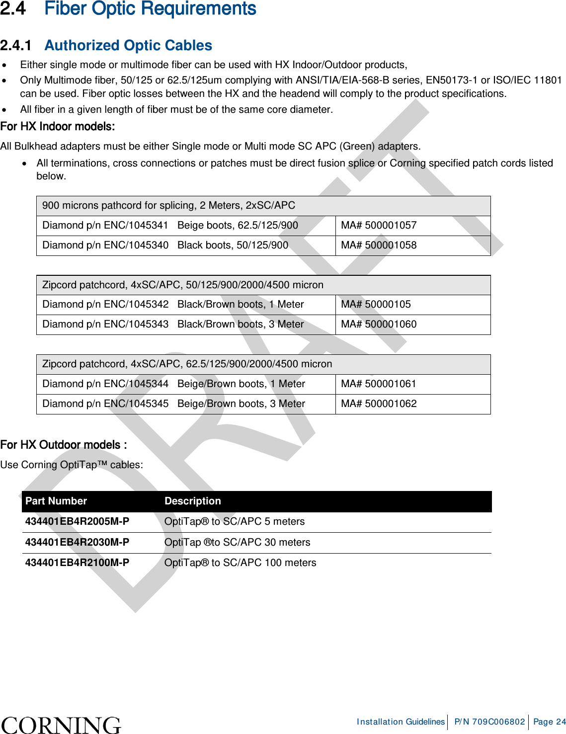     Installation Guidelines P/N 709C006802 Page 24  2.4 Fiber Optic Requirements 2.4.1  Authorized Optic Cables • Either single mode or multimode fiber can be used with HX Indoor/Outdoor products,  • Only Multimode fiber, 50/125 or 62.5/125um complying with ANSI/TIA/EIA-568-B series, EN50173-1 or ISO/IEC 11801 can be used. Fiber optic losses between the HX and the headend will comply to the product specifications. • All fiber in a given length of fiber must be of the same core diameter.  For HX Indoor models: All Bulkhead adapters must be either Single mode or Multi mode SC APC (Green) adapters.  • All terminations, cross connections or patches must be direct fusion splice or Corning specified patch cords listed below.  900 microns pathcord for splicing, 2 Meters, 2xSC/APC Diamond p/n ENC/1045341   Beige boots, 62.5/125/900 MA# 500001057 Diamond p/n ENC/1045340   Black boots, 50/125/900 MA# 500001058  Zipcord patchcord, 4xSC/APC, 50/125/900/2000/4500 micron Diamond p/n ENC/1045342   Black/Brown boots, 1 Meter MA# 50000105 Diamond p/n ENC/1045343   Black/Brown boots, 3 Meter MA# 500001060  Zipcord patchcord, 4xSC/APC, 62.5/125/900/2000/4500 micron Diamond p/n ENC/1045344   Beige/Brown boots, 1 Meter MA# 500001061 Diamond p/n ENC/1045345   Beige/Brown boots, 3 Meter MA# 500001062  For HX Outdoor models :  Use Corning OptiTap™ cables:  Part Number Description 434401EB4R2005M-P  OptiTap® to SC/APC 5 meters 434401EB4R2030M-P  OptiTap ®to SC/APC 30 meters 434401EB4R2100M-P  OptiTap® to SC/APC 100 meters    