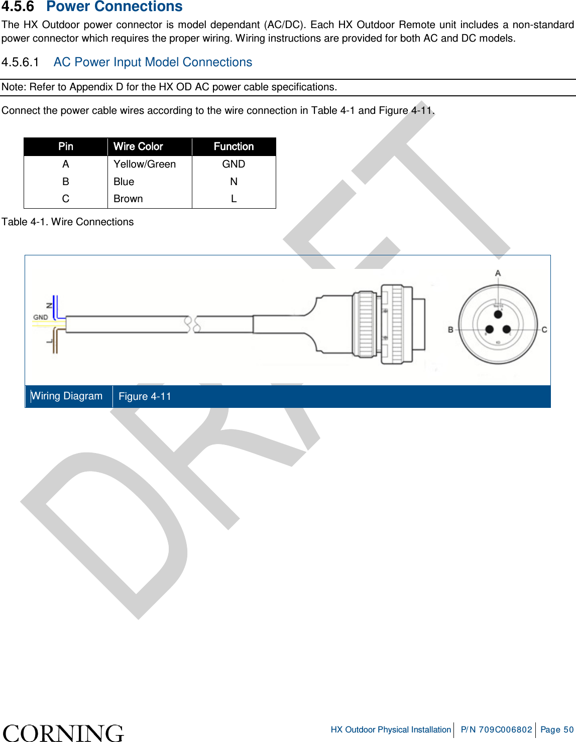     HX Outdoor Physical Installation P/N 709C006802 Page 50  4.5.6  Power Connections The HX Outdoor power connector is model dependant (AC/DC). Each HX Outdoor Remote unit includes a non-standard power connector which requires the proper wiring. Wiring instructions are provided for both AC and DC models.  4.5.6.1  AC Power Input Model Connections Note: Refer to Appendix D for the HX OD AC power cable specifications. Connect the power cable wires according to the wire connection in Table  4-1 and Figure  4-11.  Pin Wire Color Function A  Yellow/Green GND B  Blue  N C  Brown  L Table  4-1. Wire Connections    Wiring Diagram Figure  4-11    