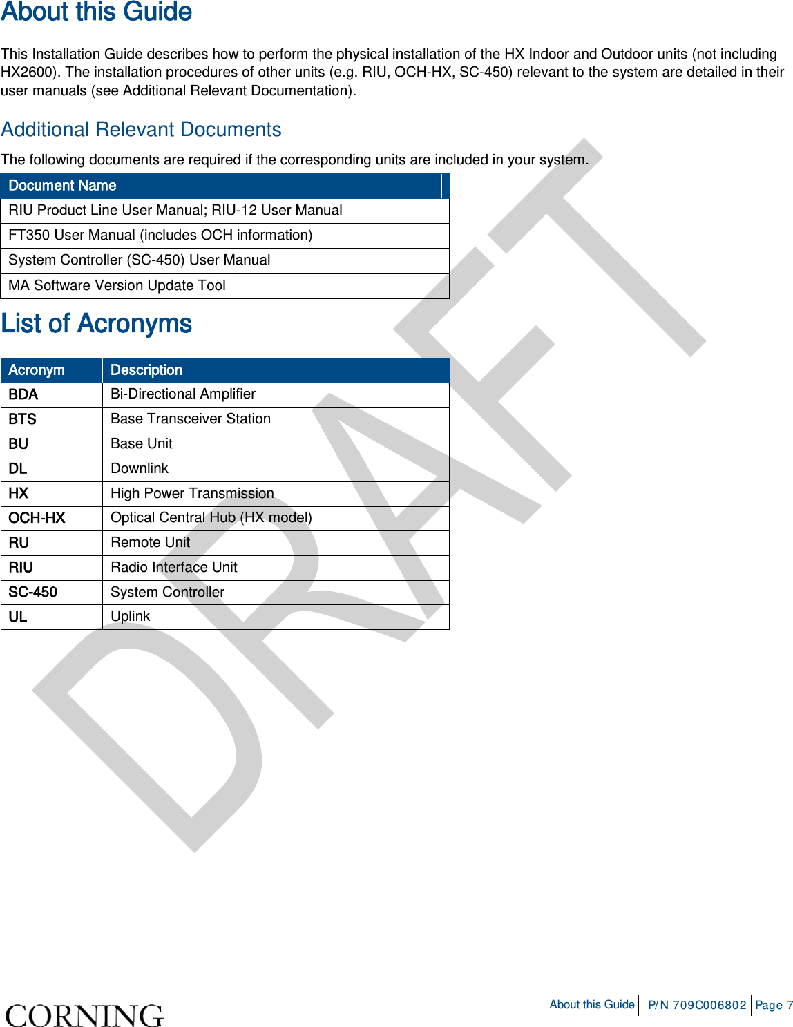    About this Guide P/N 709C006802 Page 7  About this Guide  This Installation Guide describes how to perform the physical installation of the HX Indoor and Outdoor units (not including HX2600). The installation procedures of other units (e.g. RIU, OCH-HX, SC-450) relevant to the system are detailed in their user manuals (see Additional Relevant Documentation). Additional Relevant Documents The following documents are required if the corresponding units are included in your system. Document Name RIU Product Line User Manual; RIU-12 User Manual FT350 User Manual (includes OCH information) System Controller (SC-450) User Manual MA Software Version Update Tool List of Acronyms Acronym Description BDA Bi-Directional Amplifier BTS Base Transceiver Station BU Base Unit DL Downlink HX High Power Transmission OCH-HX Optical Central Hub (HX model) RU Remote Unit RIU Radio Interface Unit SC-450 System Controller UL Uplink 