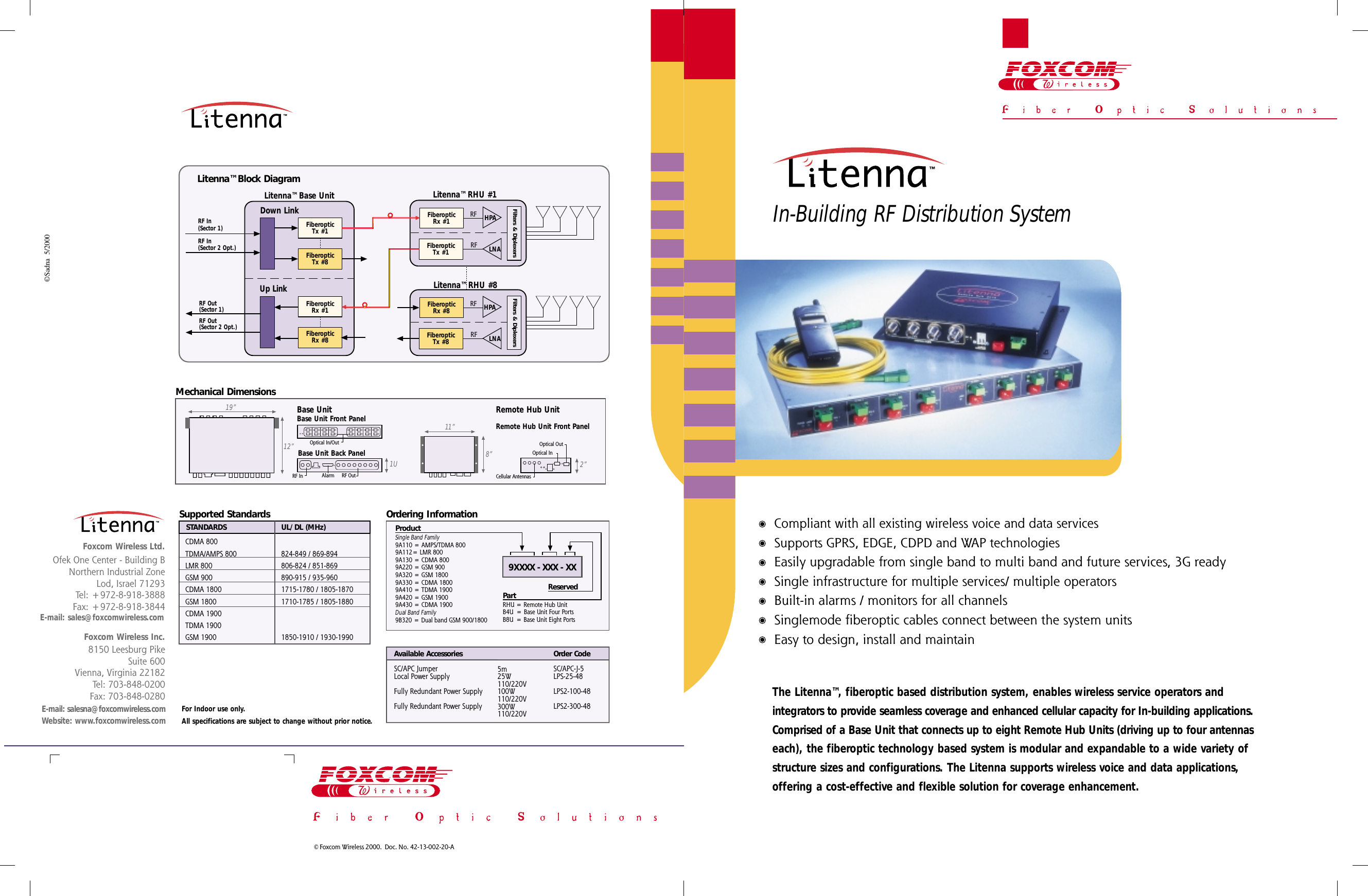 In-Building RF Distribution System©Sadna  5/2000© Foxcom Wireless 2000.  Doc. No. 42-13-002-20-AE-mail: salesna@foxcomwireless.comWebsite: www.foxcomwireless.com8150 Leesburg PikeSuite 600Vienna, Virginia 22182Tel: 703-848-0200Fax: 703-848-0280Foxcom Wireless Inc.Ofek One Center - Building BNorthern Industrial ZoneLod, Israel 71293Tel: +972-8-918-3888Fax: +972-8-918-3844Foxcom Wireless Ltd.Ordering InformationProductSingle Band Family9A110 = AMPS/TDMA 8009A112= LMR 8009A130 = CDMA 8009A220 = GSM 9009A320 = GSM 18009A330 = CDMA 18009A410 = TDMA 19009A420 = GSM 19009A430 = CDMA 1900Dual Band Family9B320 = Dual band GSM 900/1800ReservedPartRHU = Remote Hub UnitB4U  = Base Unit Four PortsB8U  = Base Unit Eight Ports9XXXX - XXX - XXMechanical DimensionsThe Litenna™, fiberoptic based distribution system, enables wireless service operators andintegrators to provide seamless coverage and enhanced cellular capacity for In-building applications.Comprised of a Base Unit that connects up to eight Remote Hub Units (driving up to four antennaseach), the fiberoptic technology based system is modular and expandable to a wide variety ofstructure sizes and configurations. The Litenna supports wireless voice and data applications,offering a cost-effective and flexible solution for coverage enhancement.E-mail: sales@foxcomwireless.comCompliant with all existing wireless voice and data servicesSupports GPRS, EDGE, CDPD and WAP technologiesEasily upgradable from single band to multi band and future services, 3G readySingle infrastructure for multiple services/ multiple operatorsBuilt-in alarms / monitors for all channelsSinglemode fiberoptic cables connect between the system unitsEasy to design, install and maintainFor Indoor use only.All specifications are subject to change without prior notice.Order CodeSC/APC-J-5LPS-25-48LPS2-100-48LPS2-300-48Available AccessoriesSC/APC JumperLocal Power SupplyFully Redundant Power SupplyFully Redundant Power Supply5m25W110/220V100W110/220V300W110/220VSupported StandardsUL/DL (MHz)CDMA 800TDMA/AMPS 800LMR 800GSM 900CDMA 1800GSM 1800CDMA 1900TDMA 1900GSM 1900824-849 / 869-894806-824 / 851-869890-915 / 935-9601715-1780 / 1805-18701710-1785 / 1805-18801850-1910 / 1930-1990STANDARDSRemote Hub Unit19”12”1UBase UnitBase Unit Front PanelBase Unit Back Panel11”8”Remote Hub Unit Front PanelRF In RF OutAlarmOptical In/OutOptical InOptical OutCellular Antennas2”Litenna™ Base UnitFiberopticTx #1FiberopticTx #8FiberopticRx #1FiberopticRx #8Down LinkUp LinkRF Out(Sector 1)RF Out(Sector 2 Opt.)RF In(Sector 1)RF In(Sector 2 Opt.)Litenna™ Block DiagramLitenna™ RHU #8FiberopticRx #8FiberopticTx #8HPALNAFilters &amp; DiplexersRFRFLitenna™ RHU #1FiberopticRx #1FiberopticTx #1HPALNAFilters &amp; DiplexersRFRF