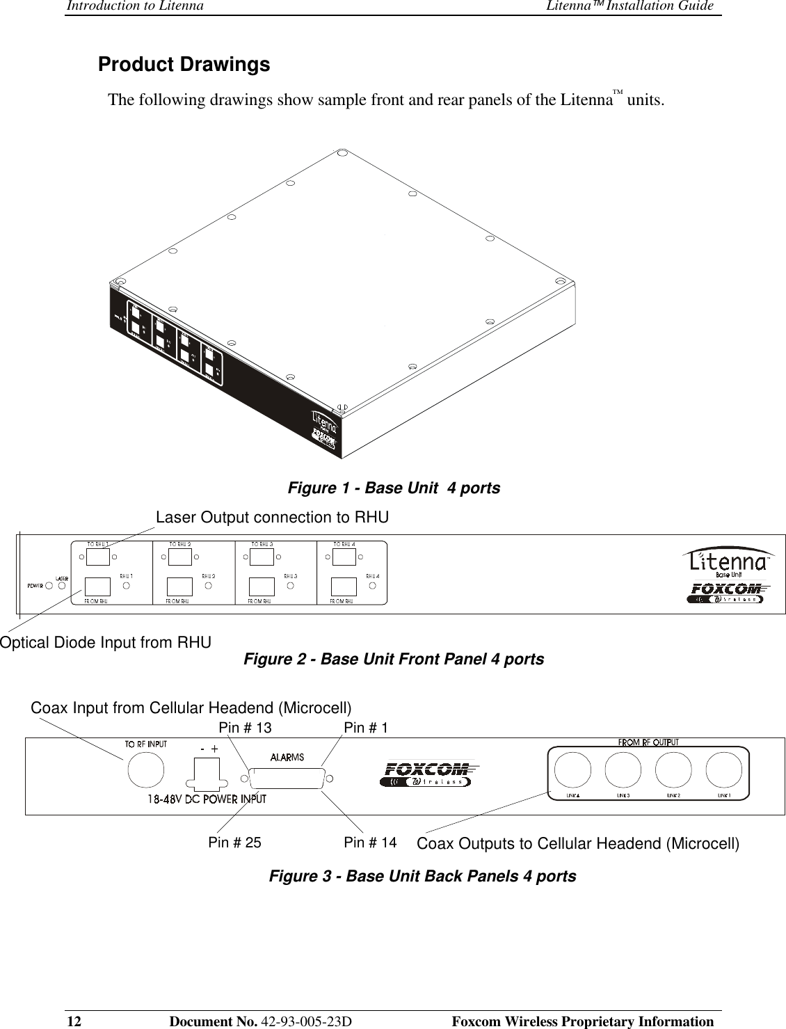 Introduction to Litenna Litenna Installation Guide12    Document No. 42-93-005-23D  Foxcom Wireless Proprietary InformationProduct DrawingsThe following drawings show sample front and rear panels of the Litenna™ units.Figure 1 - Base Unit  4 portsFigure 2 - Base Unit Front Panel 4 portsFigure 3 - Base Unit Back Panels 4 portsPin # 1Pin # 14Pin # 13Pin # 25Coax Input from Cellular Headend (Microcell)Coax Outputs to Cellular Headend (Microcell)Optical Diode Input from RHULaser Output connection to RHU