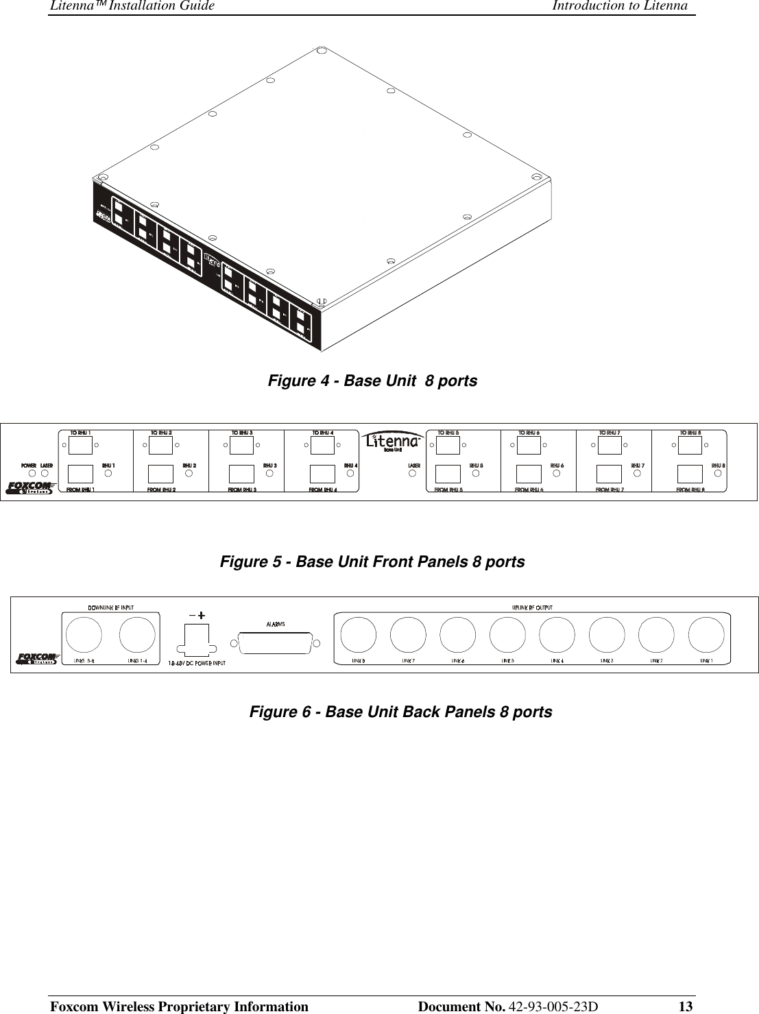 Litenna Installation Guide Introduction to LitennaFoxcom Wireless Proprietary Information  Document No. 42-93-005-23D 13Figure 4 - Base Unit  8 portsFigure 5 - Base Unit Front Panels 8 portsFigure 6 - Base Unit Back Panels 8 ports