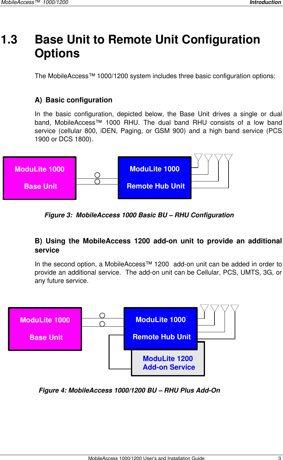 MobileAccess™  1000/1200    Introduction  MobileAccess 1000/1200 User’s and Installation Guide 3 1.3  Base Unit to Remote Unit Configuration Options  The MobileAccess™ 1000/1200 system includes three basic configuration options:  A) Basic configuration In the basic configuration, depicted below, the Base Unit drives a single or dual band, MobileAccess™ 1000 RHU. The dual band RHU consists of a low band service (cellular 800, iDEN, Paging, or GSM 900) and a high band service (PCS 1900 or DCS 1800).  ModuLite 1000 Remote Hub UnitModuLite 1000 Base Unit     B) Using the MobileAccess 1200 add-on unit to provide an additional service In the second option, a MobileAccess™ 1200  add-on unit can be added in order to provide an additional service.  The add-on unit can be Cellular, PCS, UMTS, 3G, or any future service.   ModuLite 1200 Add-on ServiceModuLite 1000 Remote Hub UnitModuLite 1000 Base Unit     Figure 3:  MobileAccess 1000 Basic BU – RHU Configuration Figure 4: MobileAccess 1000/1200 BU – RHU Plus Add-On 
