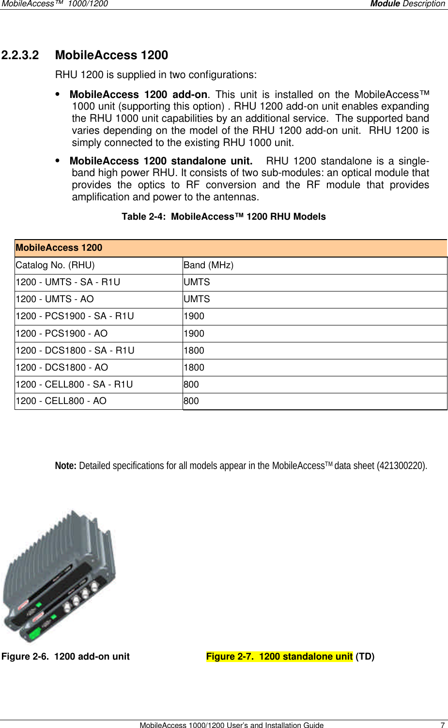 MobileAccess™  1000/1200    Module Description  MobileAccess 1000/1200 User’s and Installation Guide 7 2.2.3.2  MobileAccess 1200 RHU 1200 is supplied in two configurations: • MobileAccess 1200 add-on. This unit is installed on the MobileAccess™ 1000 unit (supporting this option) . RHU 1200 add-on unit enables expanding the RHU 1000 unit capabilities by an additional service.  The supported band varies depending on the model of the RHU 1200 add-on unit.  RHU 1200 is simply connected to the existing RHU 1000 unit.  • MobileAccess 1200 standalone unit.   RHU 1200 standalone is a single-band high power RHU. It consists of two sub-modules: an optical module that provides the optics to RF conversion and the RF module that provides amplification and power to the antennas. Table 2-4:  MobileAccess™ 1200 RHU Models   MobileAccess 1200 Catalog No. (RHU) Band (MHz) 1200 - UMTS - SA - R1U UMTS 1200 - UMTS - AO UMTS 1200 - PCS1900 - SA - R1U 1900 1200 - PCS1900 - AO 1900 1200 - DCS1800 - SA - R1U 1800 1200 - DCS1800 - AO 1800 1200 - CELL800 - SA - R1U 800 1200 - CELL800 - AO 800   Note: Detailed specifications for all models appear in the MobileAccessTM data sheet (421300220).   Figure 2-6.  1200 add-on unit     Figure 2-7.  1200 standalone unit (TD) 