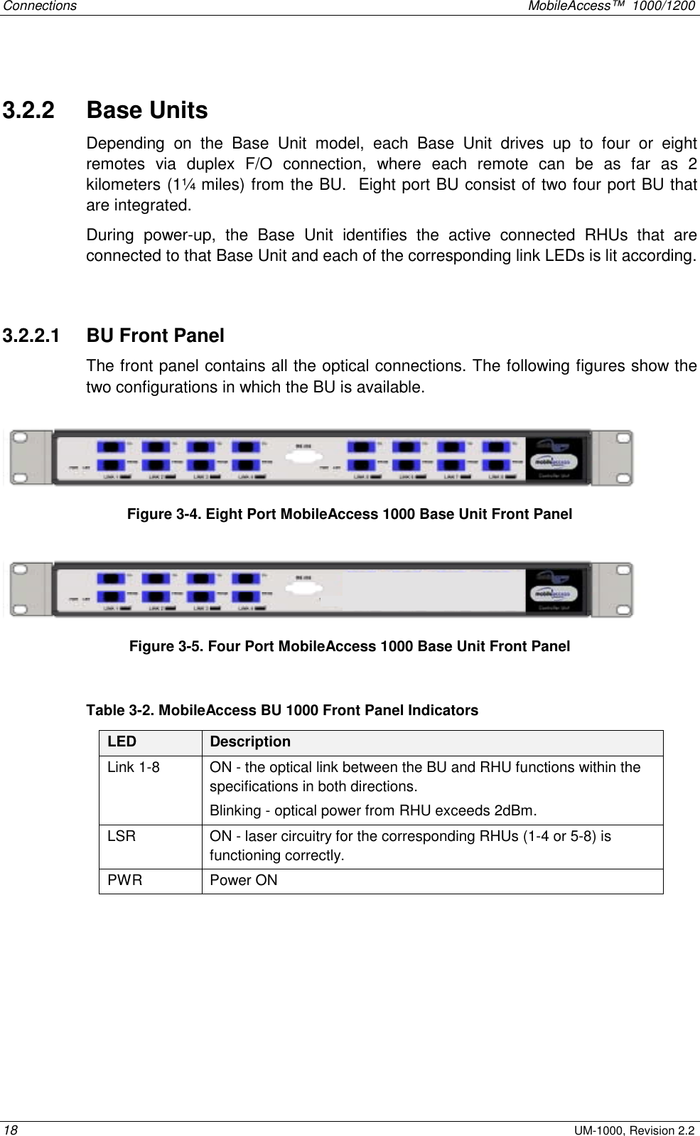 Connections    MobileAccess™  1000/1200 18 UM-1000, Revision 2.2  3.2.2   Base Units Depending on the Base Unit model, each Base Unit drives up to four or eight remotes via duplex F/O connection, where each remote can be as far as 2 kilometers (1¼ miles) from the BU.  Eight port BU consist of two four port BU that are integrated.  During power-up, the Base Unit identifies the active connected RHUs that are connected to that Base Unit and each of the corresponding link LEDs is lit according.  3.2.2.1   BU Front Panel The front panel contains all the optical connections. The following figures show the two configurations in which the BU is available.   Figure  3-4. Eight Port MobileAccess 1000 Base Unit Front Panel  Figure  3-5. Four Port MobileAccess 1000 Base Unit Front Panel  Table  3-2. MobileAccess BU 1000 Front Panel Indicators LED  Description Link 1-8  ON - the optical link between the BU and RHU functions within the specifications in both directions.  Blinking - optical power from RHU exceeds 2dBm. LSR  ON - laser circuitry for the corresponding RHUs (1-4 or 5-8) is functioning correctly. PWR Power ON    
