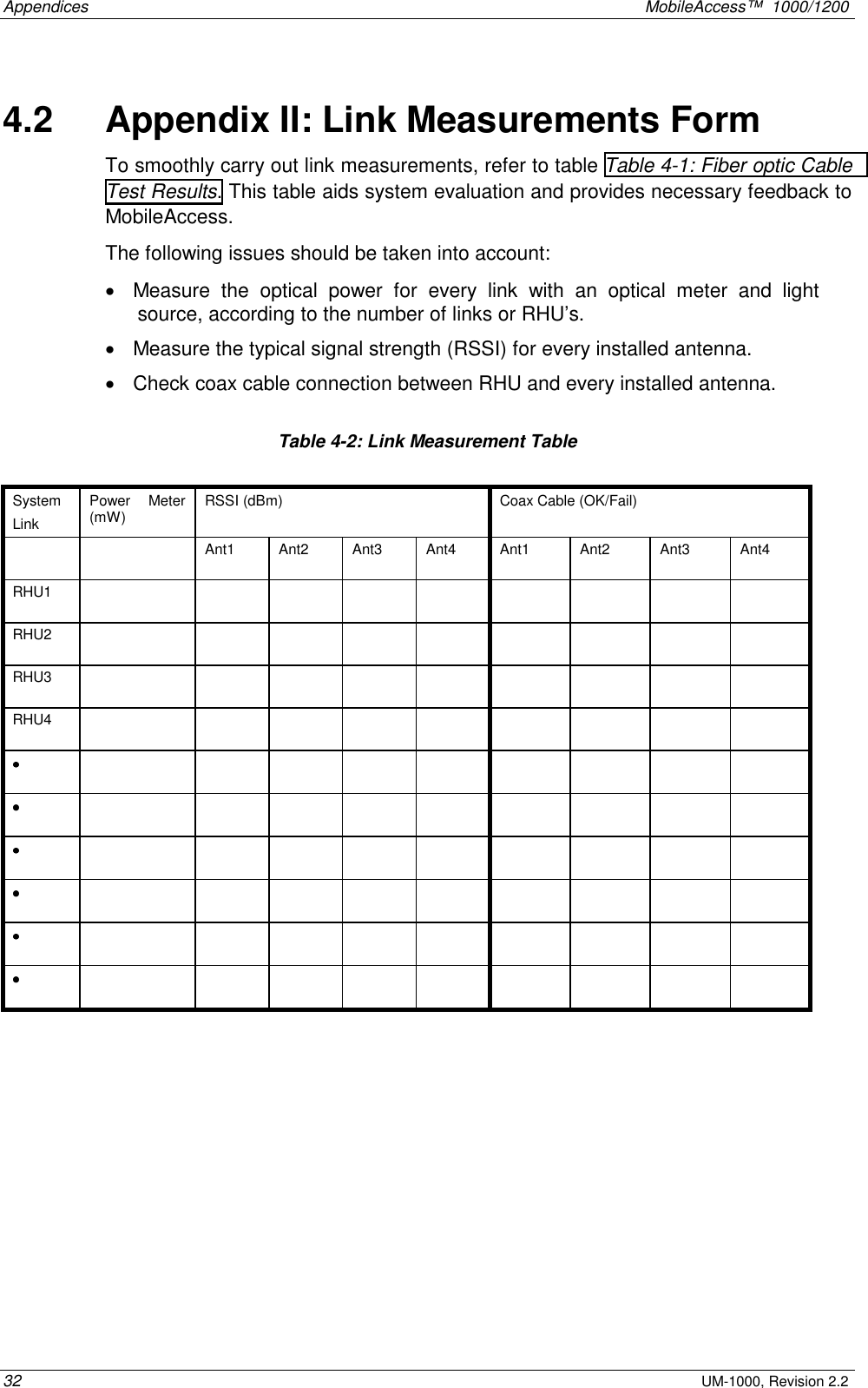 Appendices    MobileAccess™  1000/1200 32 UM-1000, Revision 2.2 4.2   Appendix II: Link Measurements Form To smoothly carry out link measurements, refer to table Table  4-1: Fiber optic Cable Test Results. This table aids system evaluation and provides necessary feedback to MobileAccess.   The following issues should be taken into account: •  Measure the optical power for every link with an optical meter and light source, according to the number of links or RHU’s. •  Measure the typical signal strength (RSSI) for every installed antenna. •  Check coax cable connection between RHU and every installed antenna.     Table  4-2: Link Measurement Table  System Link Power Meter (mW)  RSSI (dBm)  Coax Cable (OK/Fail)     Ant1 Ant2 Ant3 Ant4 Ant1  Ant2  Ant3  Ant4 RHU1              RHU2              RHU3              RHU4              ••••                  ••••                  ••••                  ••••                  ••••                  ••••                   