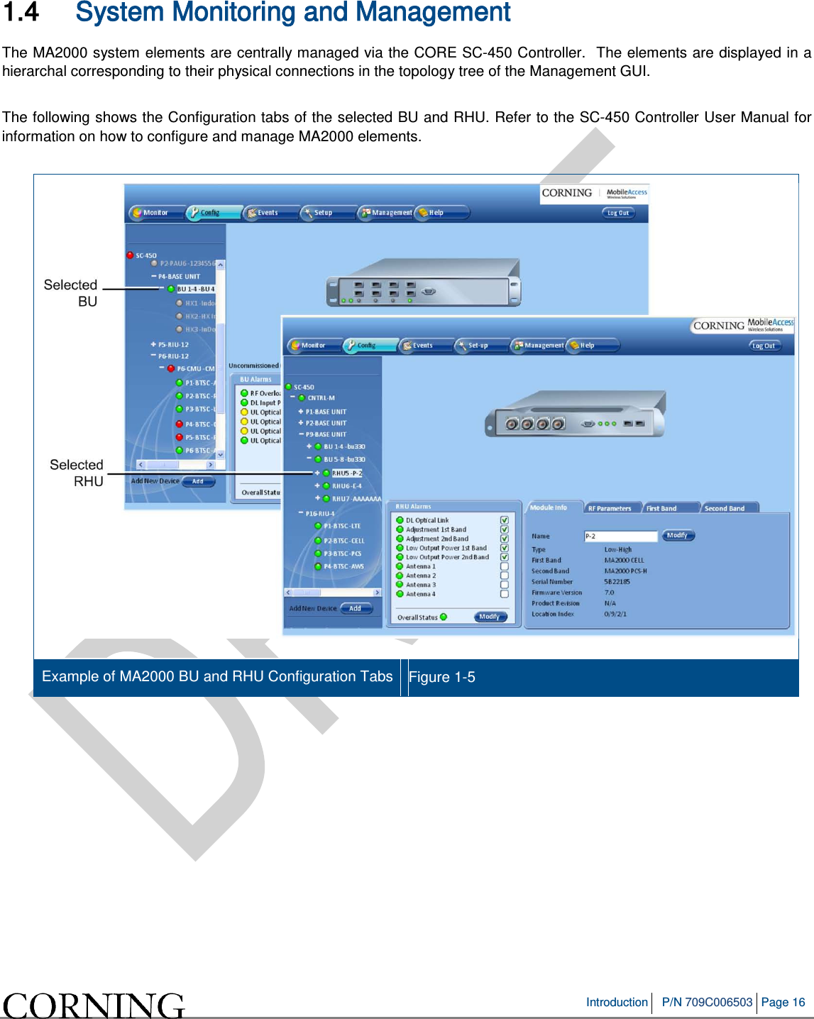   Introduction P/N 709C006503 Page 16   1.4 System Monitoring and Management The MA2000 system elements are centrally managed via the CORE SC-450 Controller.  The elements are displayed in a hierarchal corresponding to their physical connections in the topology tree of the Management GUI.    The following shows the Configuration tabs of the selected BU and RHU. Refer to the SC-450 Controller User Manual for information on how to configure and manage MA2000 elements.   Example of MA2000 BU and RHU Configuration Tabs  Figure  1-5    