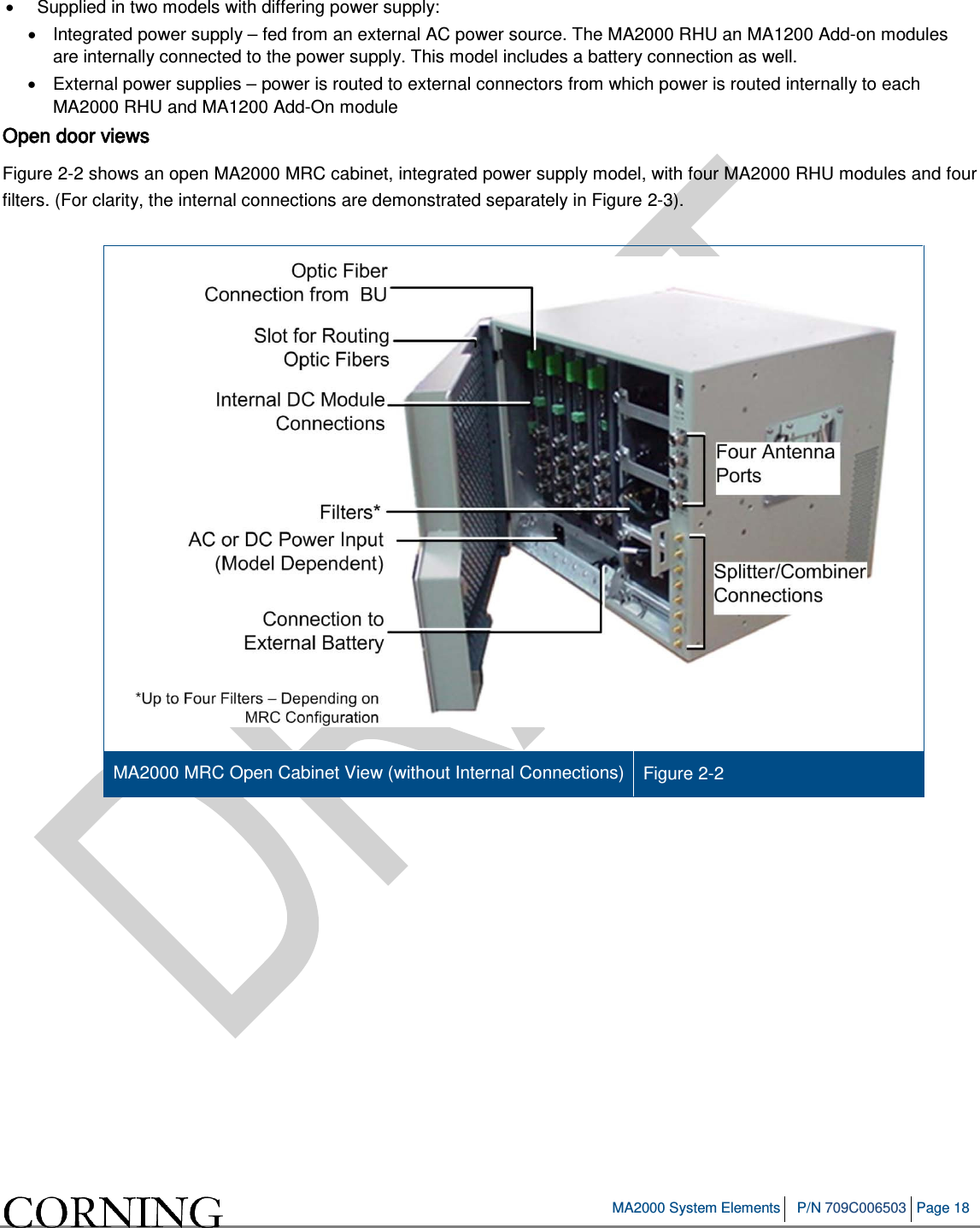   MA2000 System Elements P/N 709C006503 Page 18   • Supplied in two models with differing power supply:  • Integrated power supply – fed from an external AC power source. The MA2000 RHU an MA1200 Add-on modules are internally connected to the power supply. This model includes a battery connection as well. • External power supplies – power is routed to external connectors from which power is routed internally to each MA2000 RHU and MA1200 Add-On module Open door views Figure  2-2 shows an open MA2000 MRC cabinet, integrated power supply model, with four MA2000 RHU modules and four filters. (For clarity, the internal connections are demonstrated separately in Figure  2-3).   MA2000 MRC Open Cabinet View (without Internal Connections) Figure  2-2     