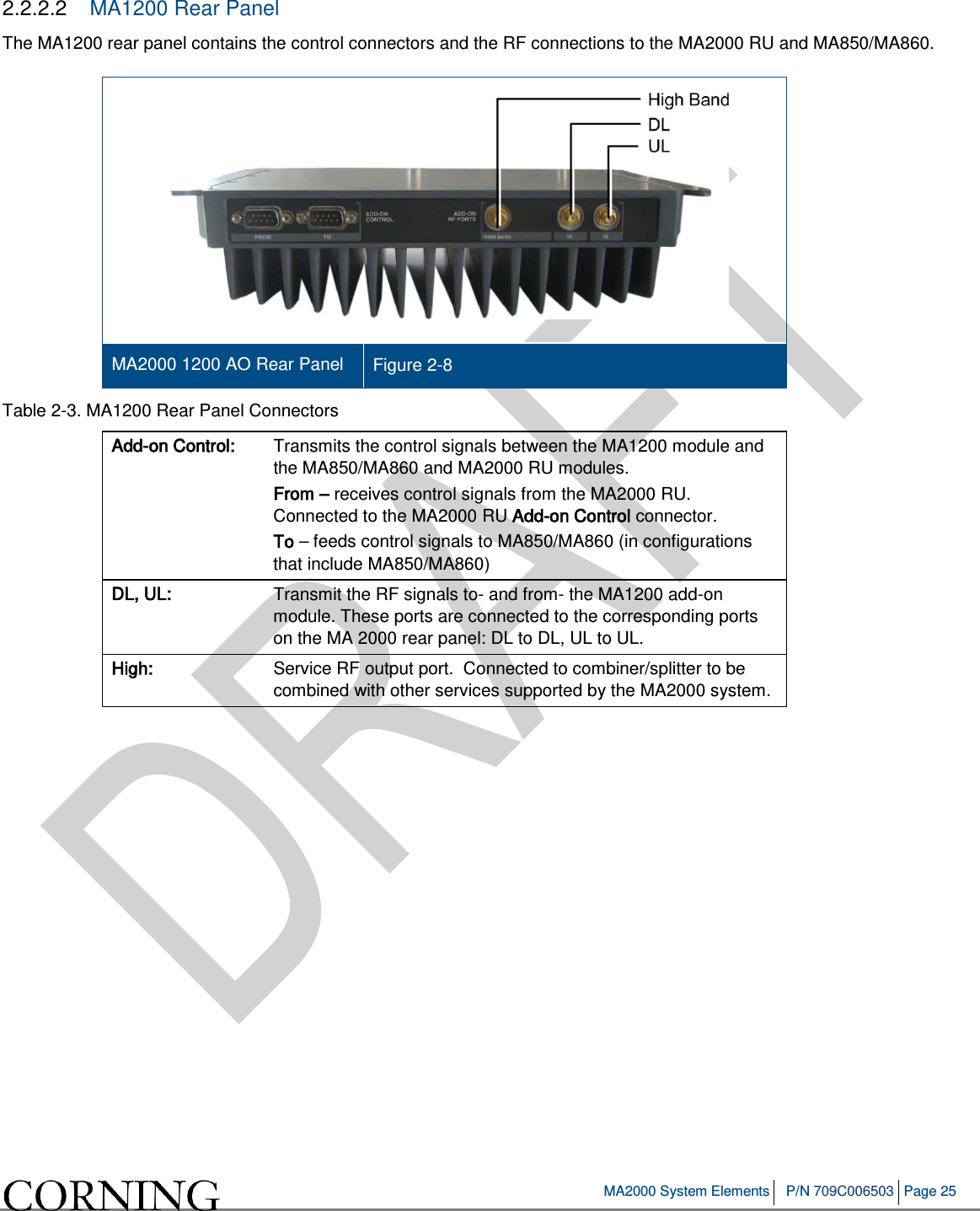   MA2000 System Elements P/N 709C006503 Page 25   2.2.2.2  MA1200 Rear Panel The MA1200 rear panel contains the control connectors and the RF connections to the MA2000 RU and MA850/MA860.   MA2000 1200 AO Rear Panel Figure  2-8 Table  2-3. MA1200 Rear Panel Connectors Add-on Control:  Transmits the control signals between the MA1200 module and the MA850/MA860 and MA2000 RU modules.  From – receives control signals from the MA2000 RU. Connected to the MA2000 RU Add-on Control connector. To – feeds control signals to MA850/MA860 (in configurations that include MA850/MA860) DL, UL: Transmit the RF signals to- and from- the MA1200 add-on module. These ports are connected to the corresponding ports on the MA 2000 rear panel: DL to DL, UL to UL. High: Service RF output port.  Connected to combiner/splitter to be combined with other services supported by the MA2000 system.     