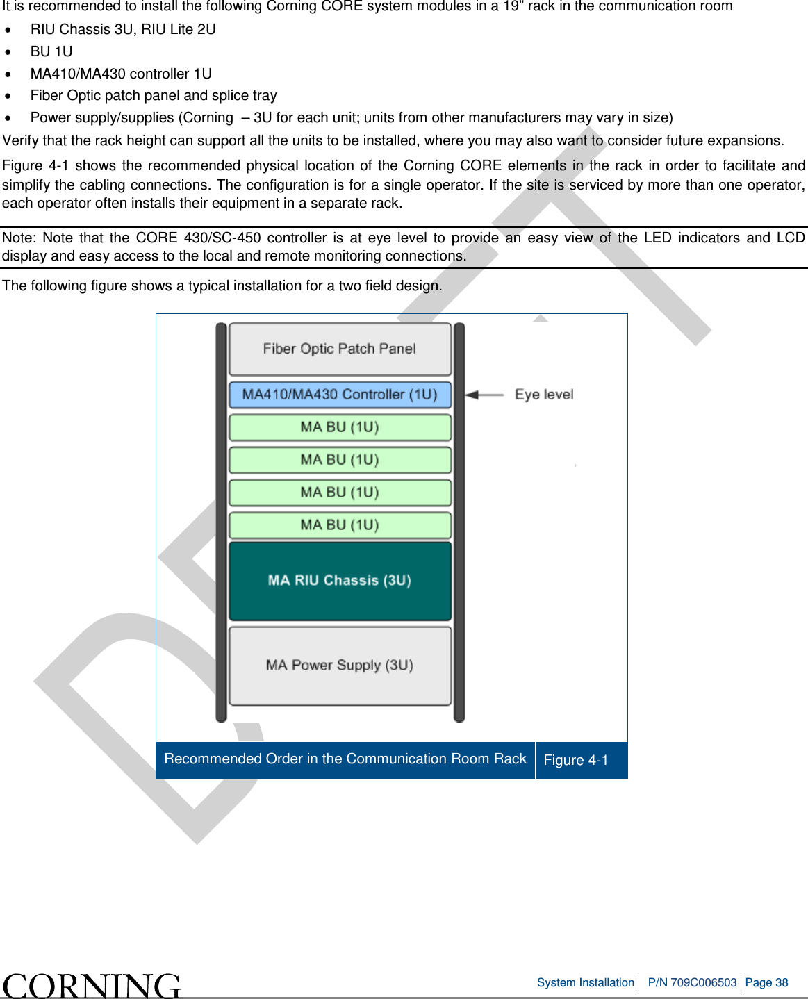   System Installation P/N 709C006503 Page 38   It is recommended to install the following Corning CORE system modules in a 19” rack in the communication room • RIU Chassis 3U, RIU Lite 2U • BU 1U  • MA410/MA430 controller 1U • Fiber Optic patch panel and splice tray • Power supply/supplies (Corning  – 3U for each unit; units from other manufacturers may vary in size) Verify that the rack height can support all the units to be installed, where you may also want to consider future expansions. Figure  4-1 shows the recommended physical location of the Corning CORE elements in the rack in order to facilitate and simplify the cabling connections. The configuration is for a single operator. If the site is serviced by more than one operator, each operator often installs their equipment in a separate rack. Note: Note that the CORE  430/SC-450 controller is at eye level to provide an easy view of the LED indicators and LCD display and easy access to the local and remote monitoring connections.  The following figure shows a typical installation for a two field design.  Recommended Order in the Communication Room Rack Figure  4-1     