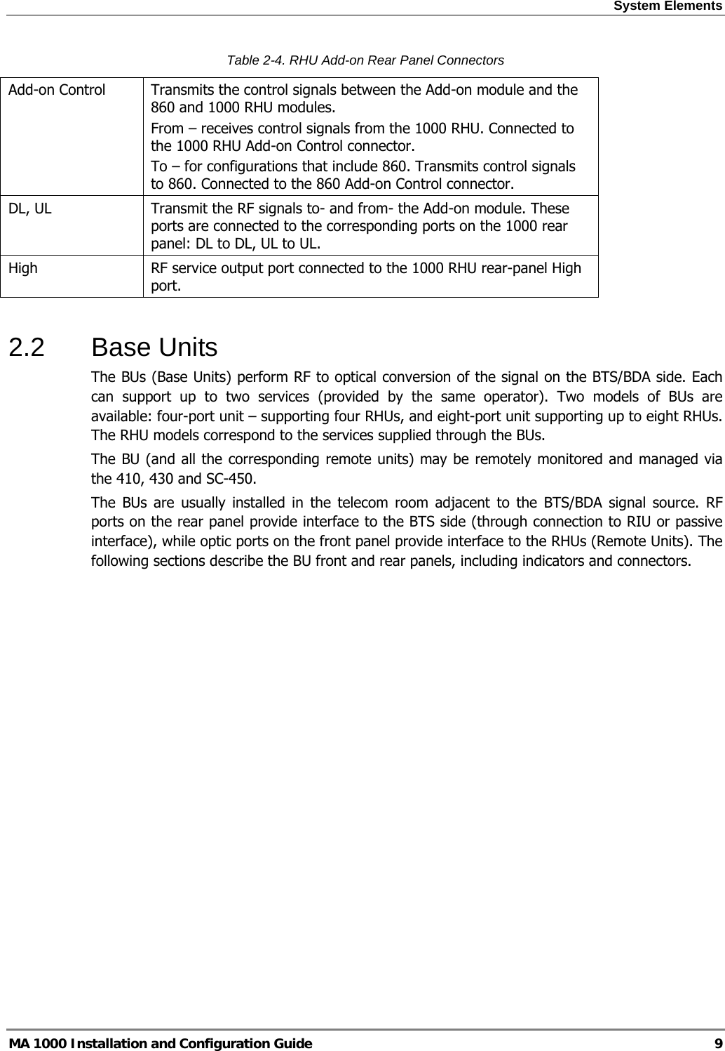 System Elements  MA 1000 Installation and Configuration Guide  9 Table  2-4. RHU Add-on Rear Panel Connectors Add-on Control   Transmits the control signals between the Add-on module and the 860 and 1000 RHU modules.  From – receives control signals from the 1000 RHU. Connected to the 1000 RHU Add-on Control connector. To – for configurations that include 860. Transmits control signals to 860. Connected to the 860 Add-on Control connector. DL, UL  Transmit the RF signals to- and from- the Add-on module. These ports are connected to the corresponding ports on the 1000 rear panel: DL to DL, UL to UL. High  RF service output port connected to the 1000 RHU rear-panel High port.  2.2  Base Units  The BUs (Base Units) perform RF to optical conversion of the signal on the BTS/BDA side. Each can support up to two services (provided by the same operator). Two models of BUs are available: four-port unit – supporting four RHUs, and eight-port unit supporting up to eight RHUs.  The RHU models correspond to the services supplied through the BUs.   The BU (and all the corresponding remote units) may be remotely monitored and managed via the 410, 430 and SC-450.  The BUs are usually installed in the telecom room adjacent to the BTS/BDA signal source. RF ports on the rear panel provide interface to the BTS side (through connection to RIU or passive interface), while optic ports on the front panel provide interface to the RHUs (Remote Units). The following sections describe the BU front and rear panels, including indicators and connectors. 
